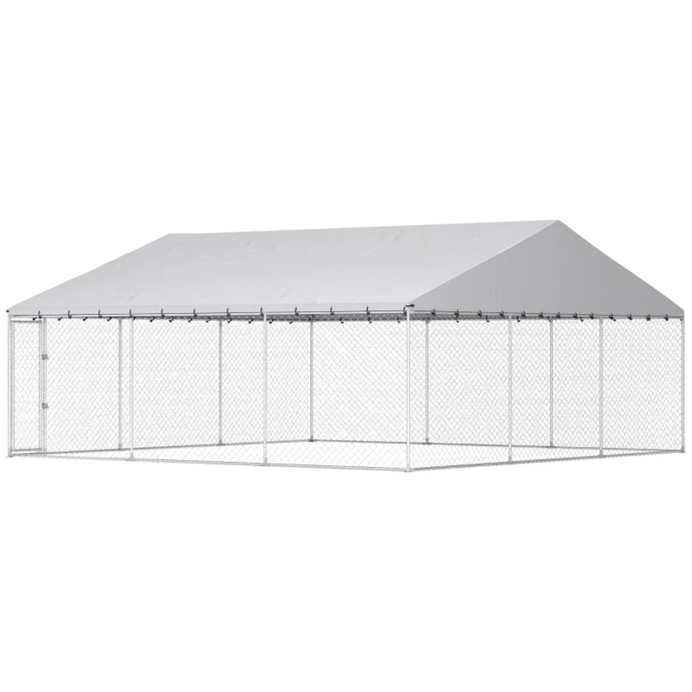 Extra-Large Silver Outdoor Dog Kennel with water-ready UV-Resistant Canopy