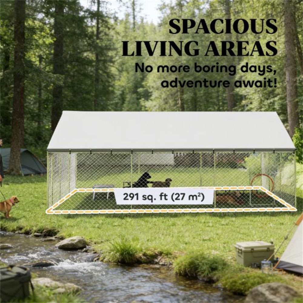 Extra-Large Silver Outdoor Dog Kennel with water-ready UV-Resistant Canopy