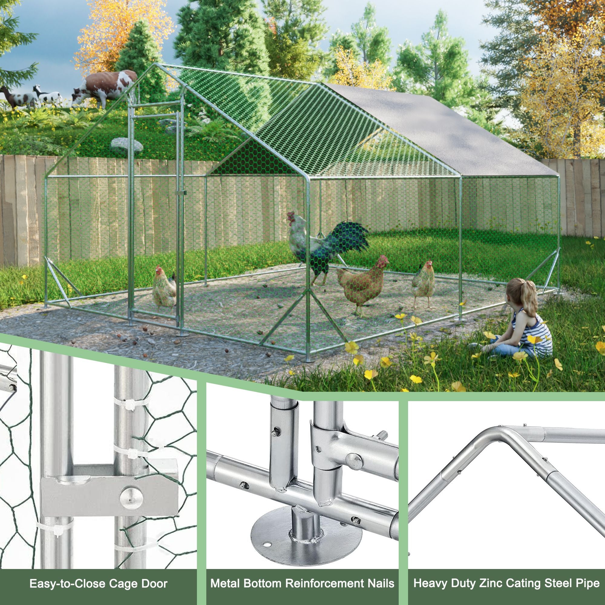 Outdoor Large Metal Chicken Run Coop with 1 piece of Waterproof Cover, Garden Backyard Walk-in Hen Cage Poultry Pet Hutch for Farm Use
