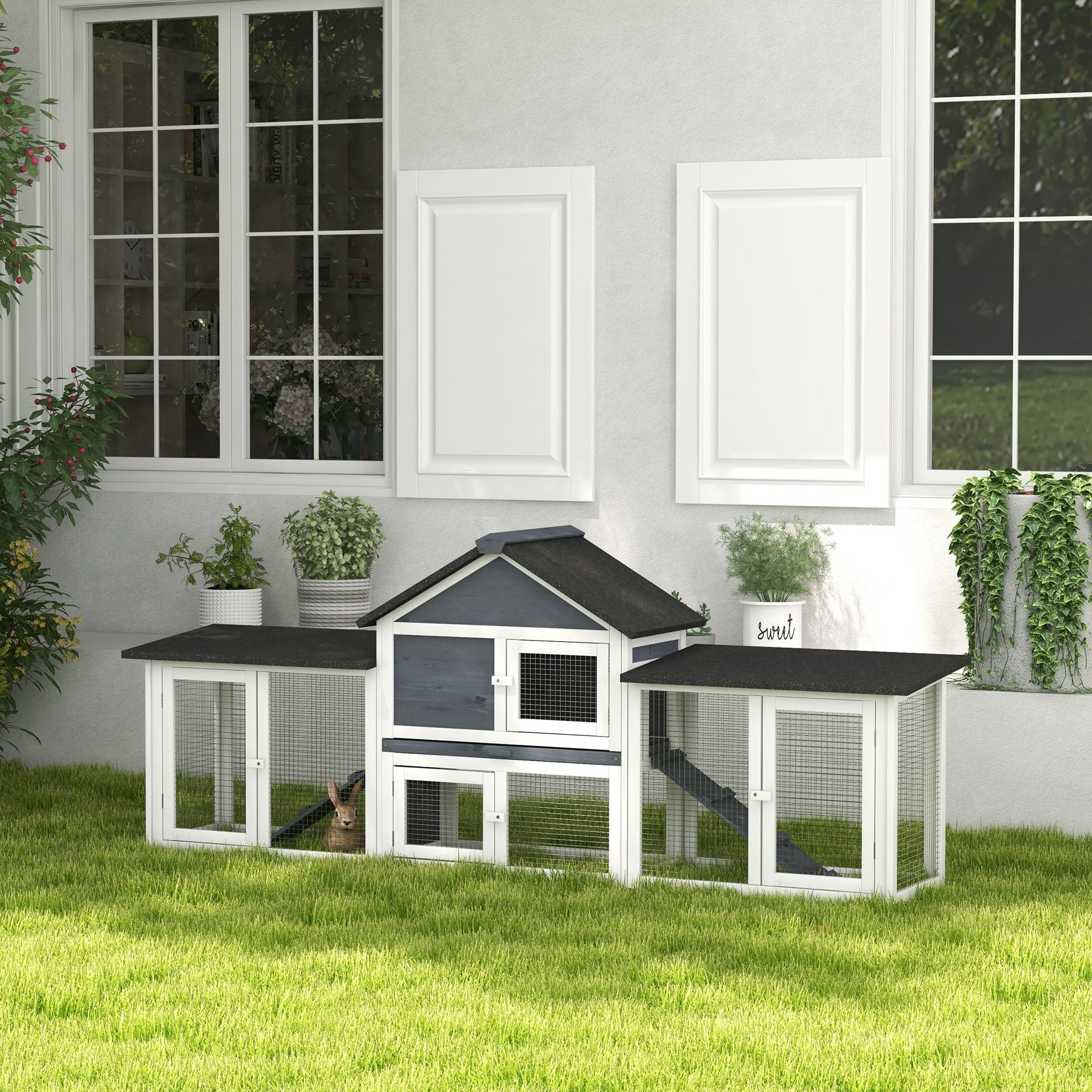 Spacious 83- 2-Story furniture-style Rabbit Hutch with Run Areas