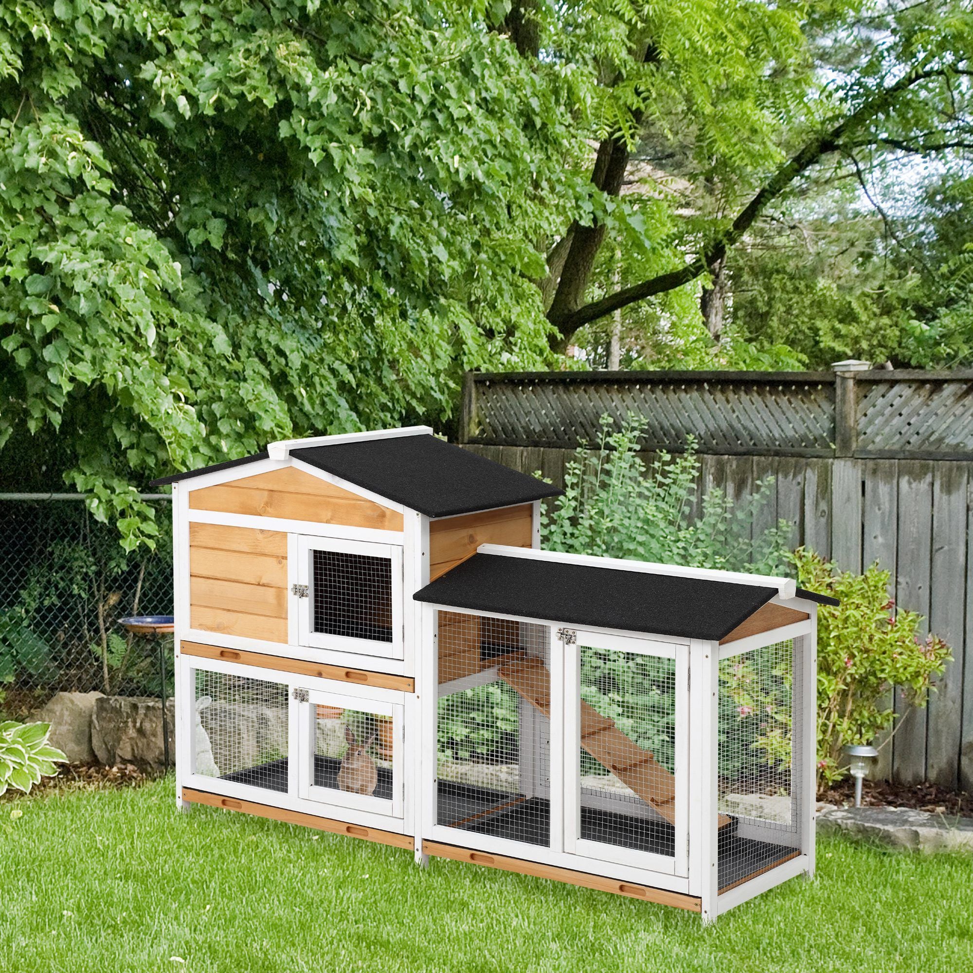 2-Story Outdoor furniture-style Rabbit Hutch with Ramp and Weatherproof Roof