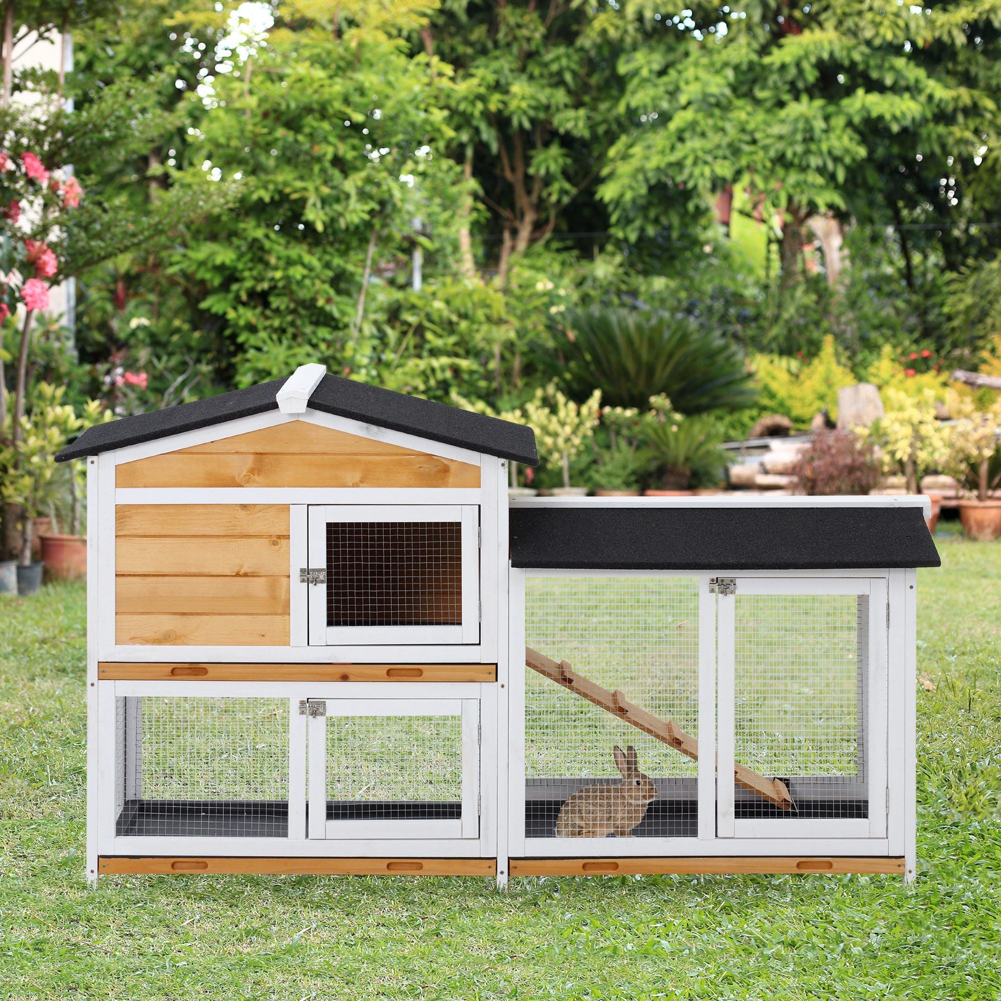 2-Story Outdoor furniture-style Rabbit Hutch with Ramp and Weatherproof Roof