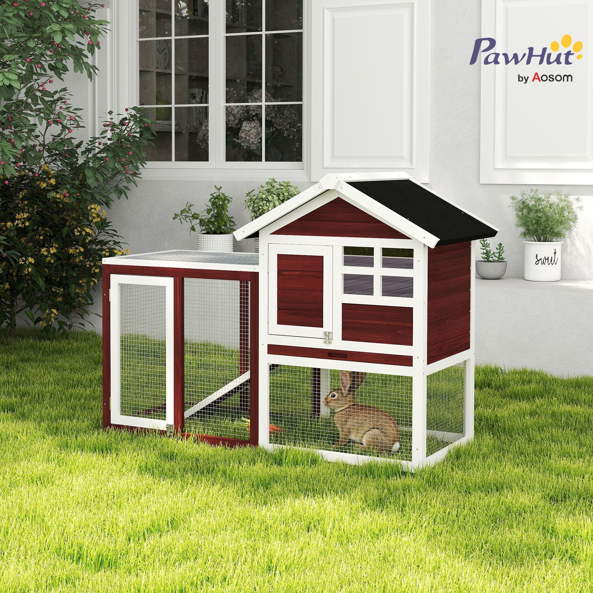 48- Outdoor Rabbit Hutch with water-ready Roof and Run