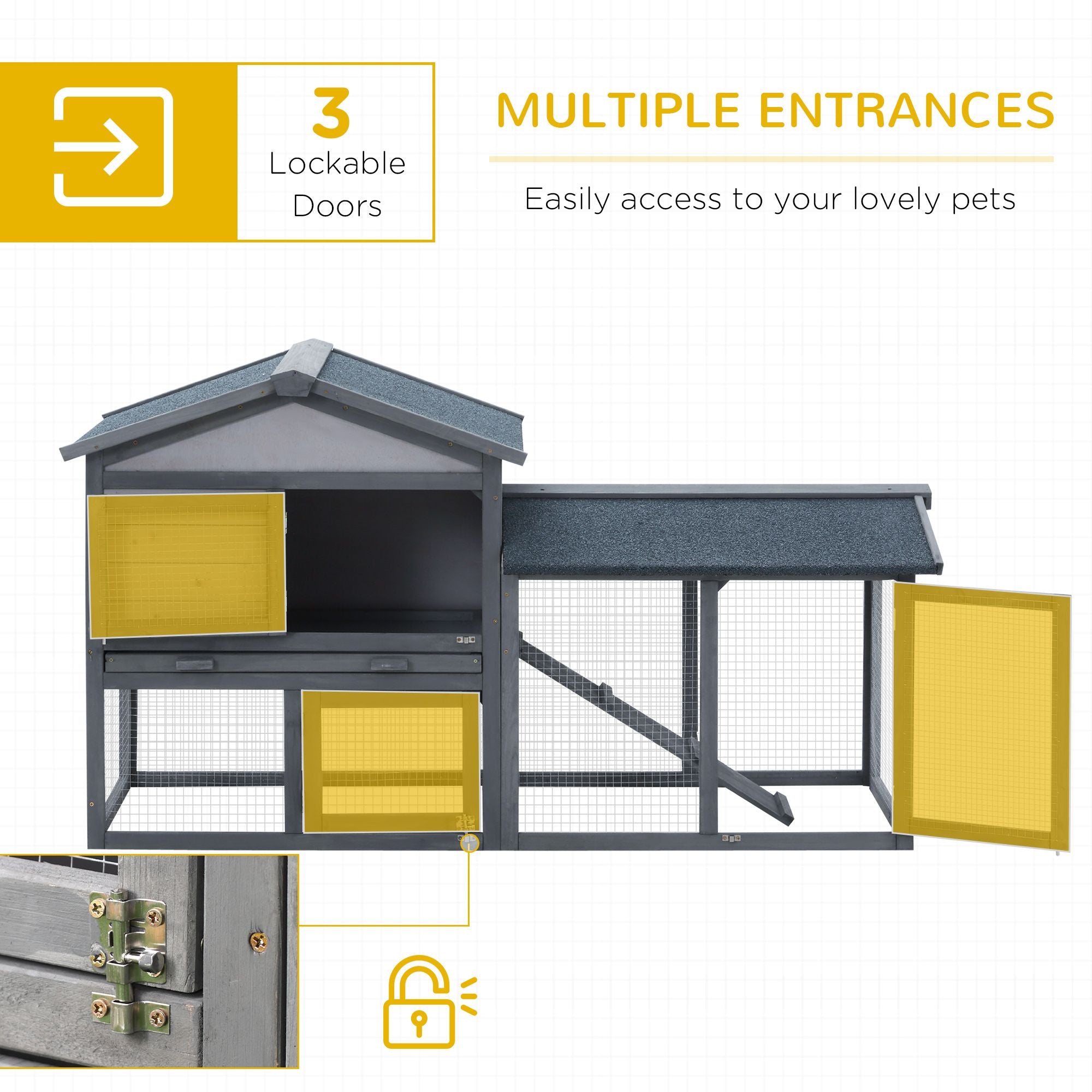 Outdoor Rabbit Hutch with Asphalt Roof & Spacious Run Area