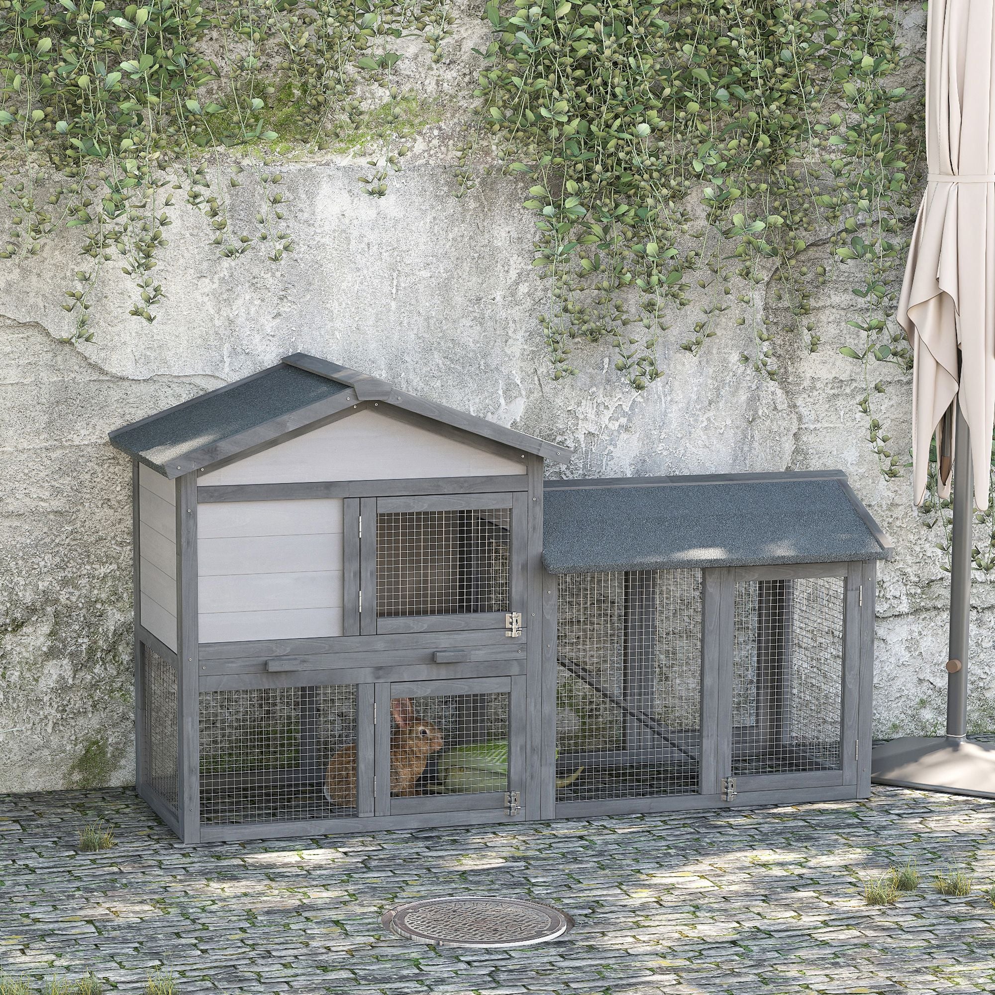 Outdoor Rabbit Hutch with Asphalt Roof & Spacious Run Area