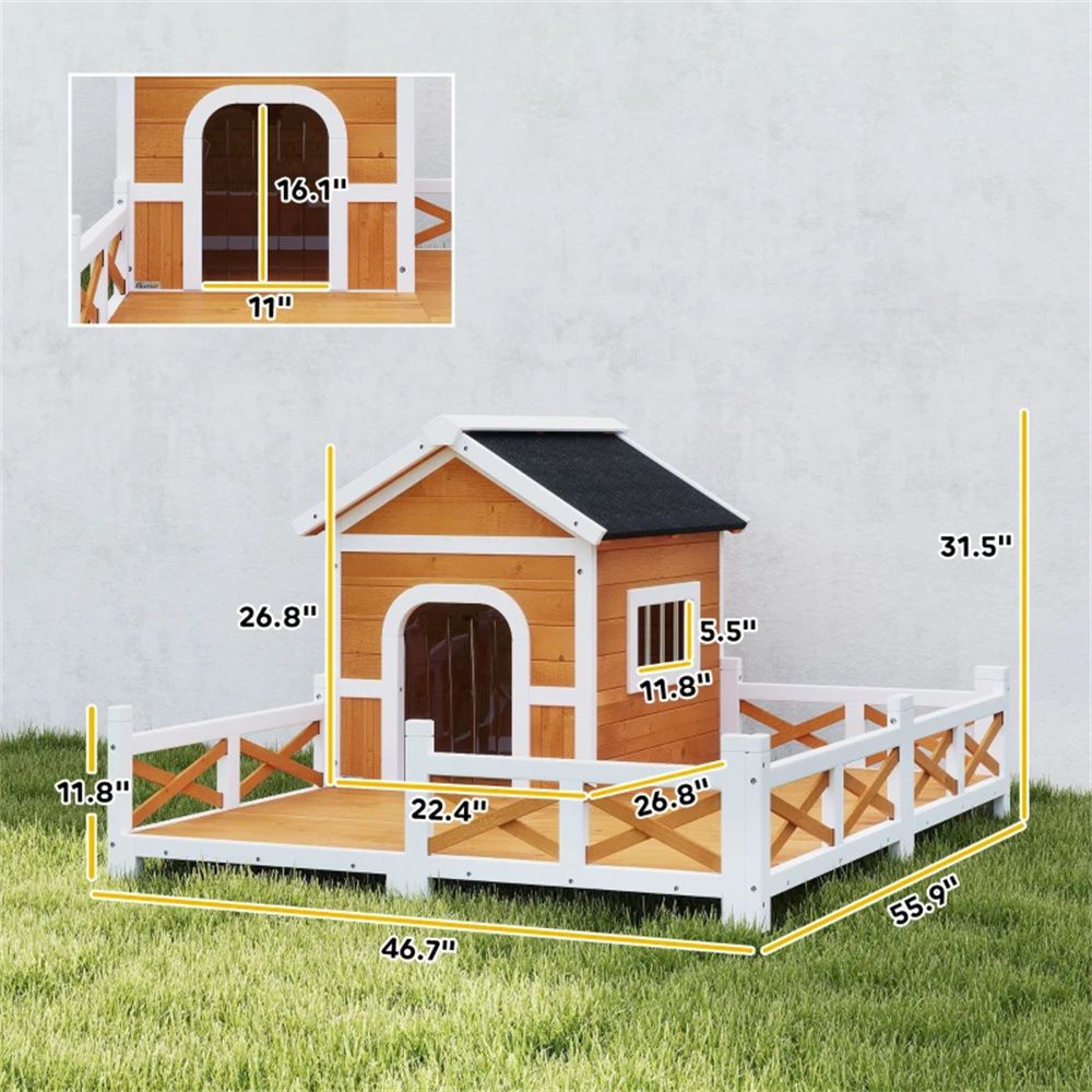 Large Fenced Porch Dog House, Asphalt Roof, Orange