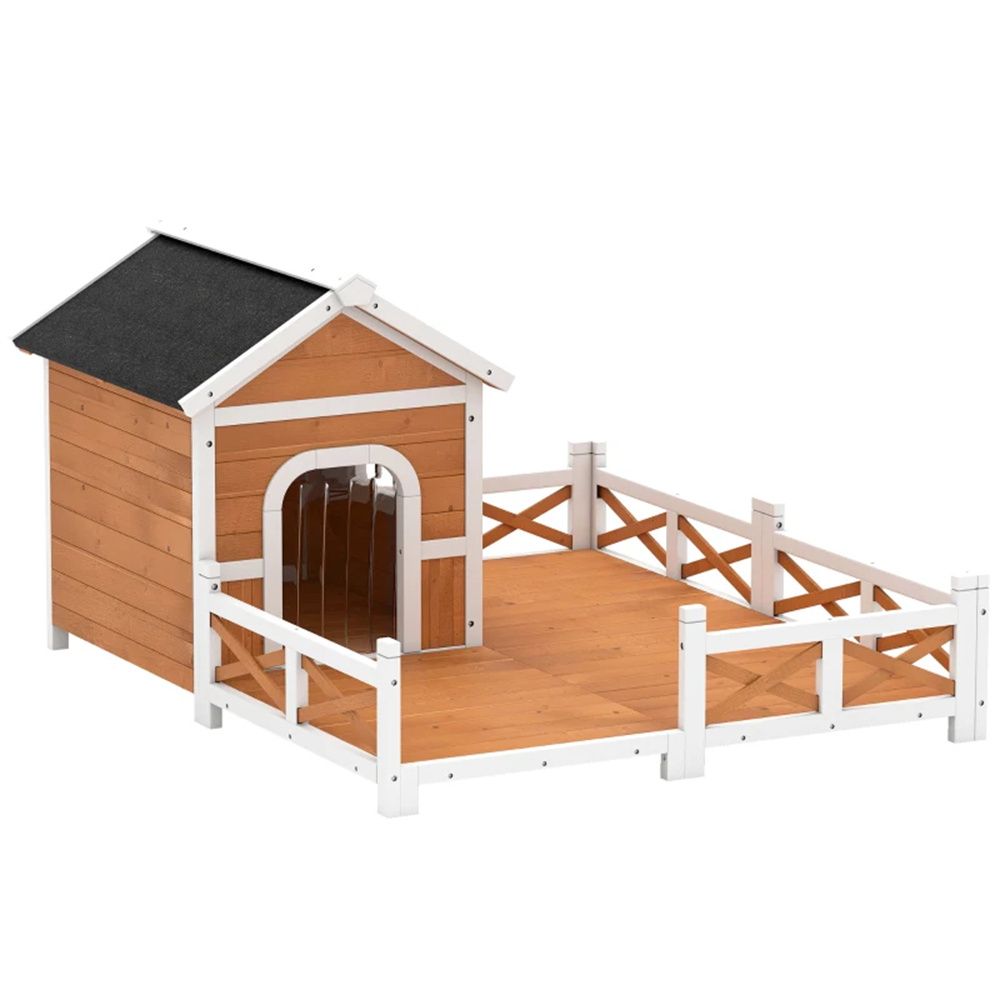 Large Fenced Porch Dog House, Asphalt Roof, Orange