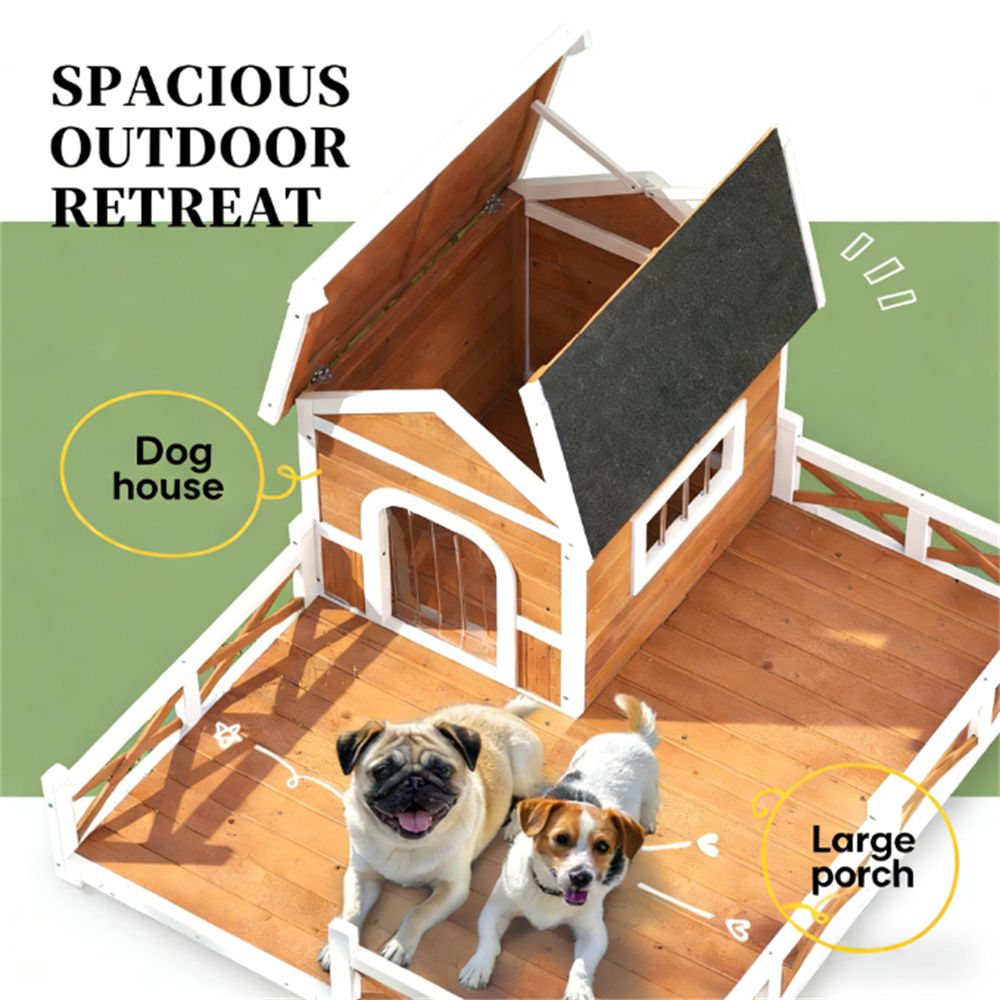 Large Fenced Porch Dog House, Asphalt Roof, Orange