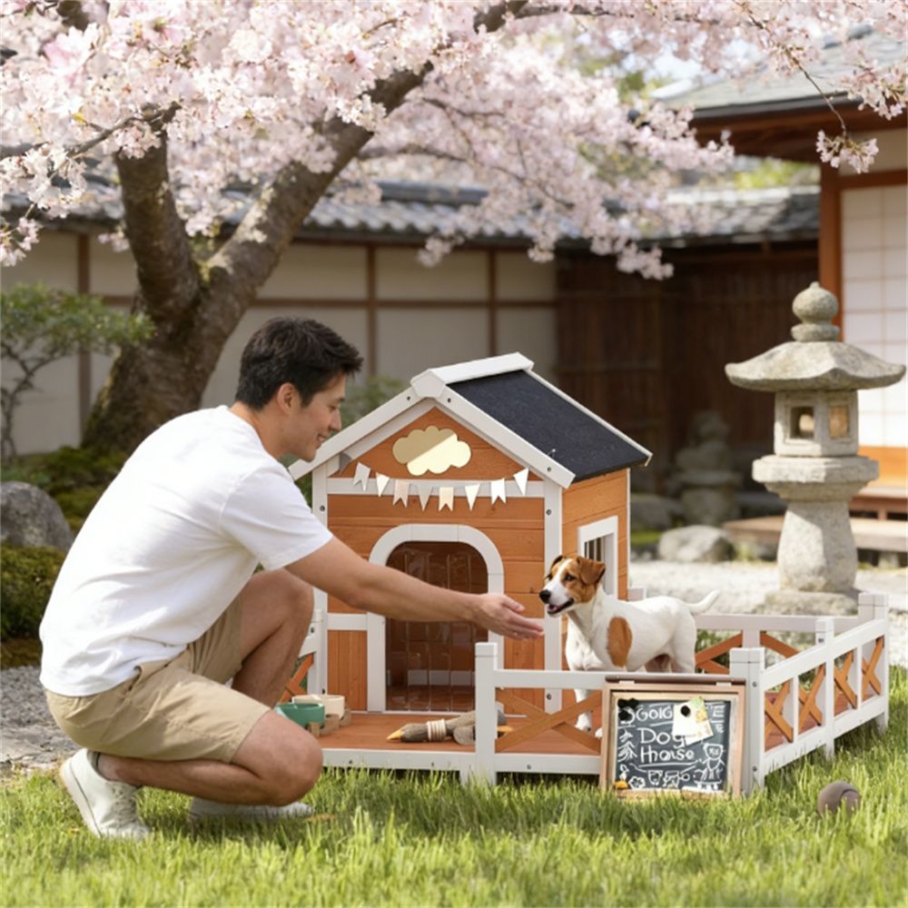Large Fenced Porch Dog House, Asphalt Roof, Orange