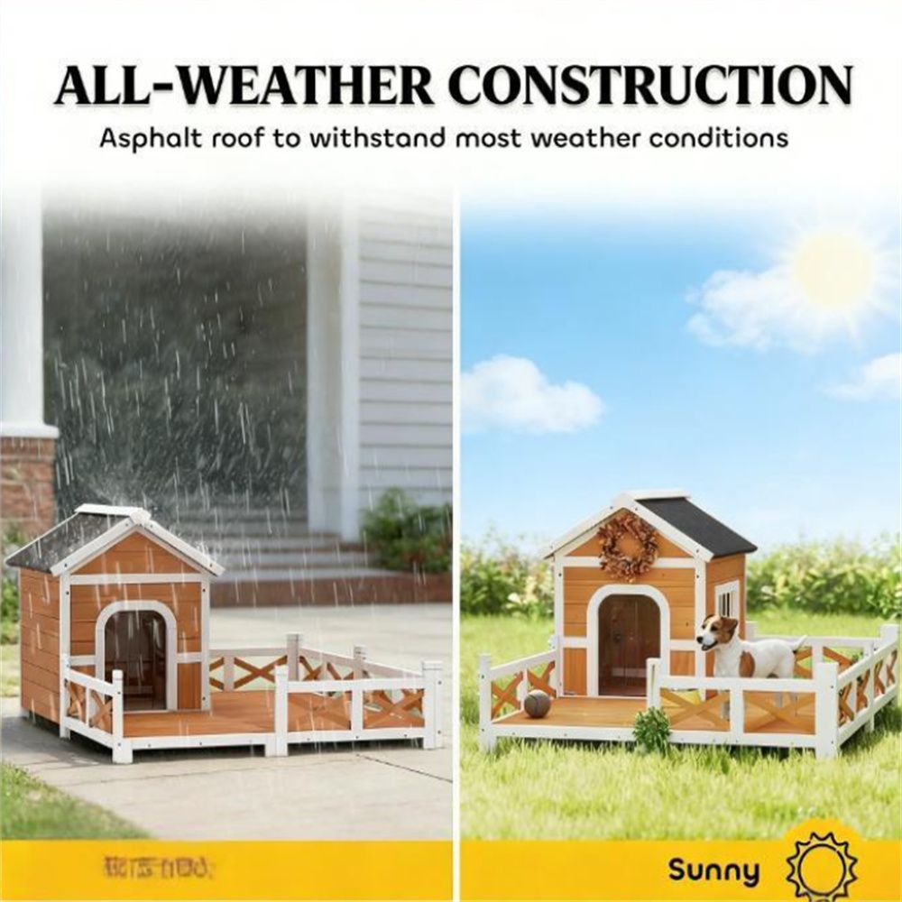 Large Fenced Porch Dog House, Asphalt Roof, Orange