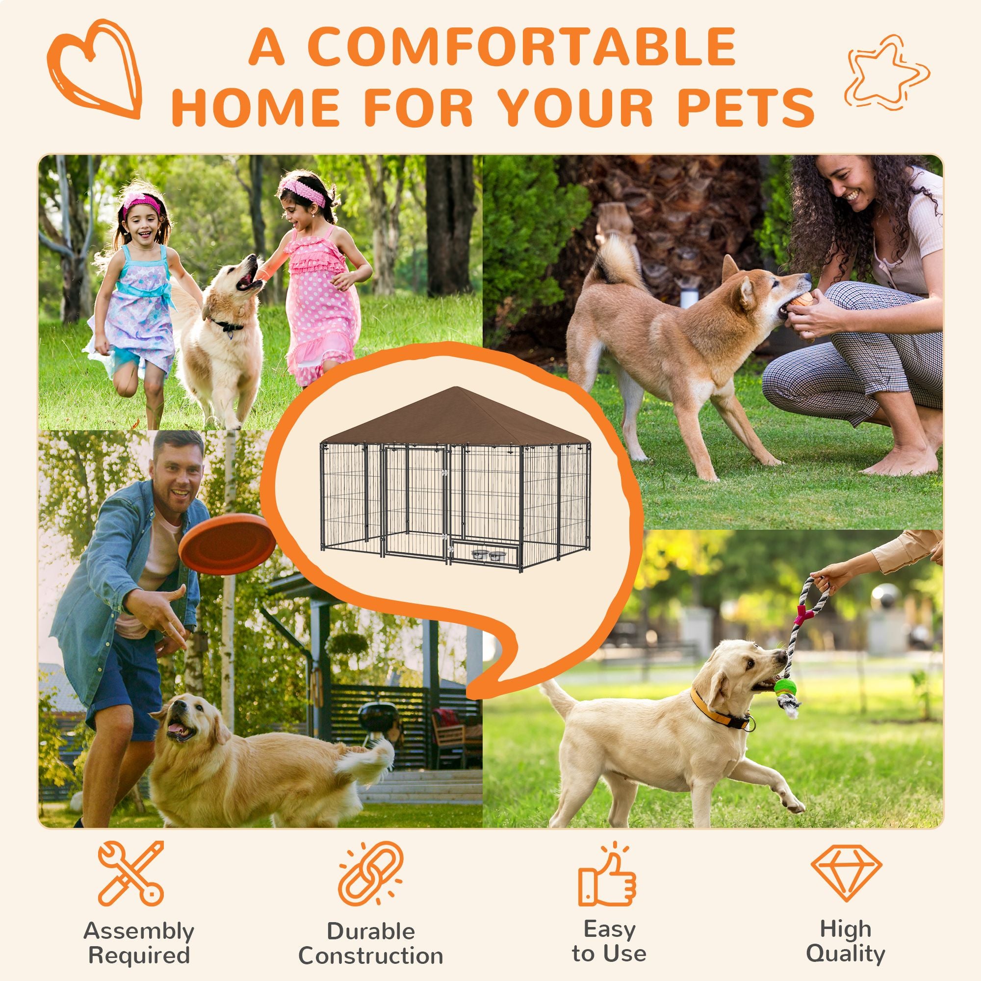Spacious Outdoor Dog Kennel with Canopy and Rotating Bowl