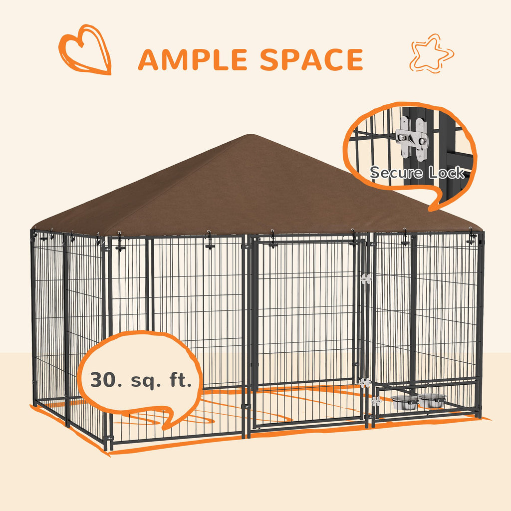 Spacious Outdoor Dog Kennel with Canopy and Rotating Bowl