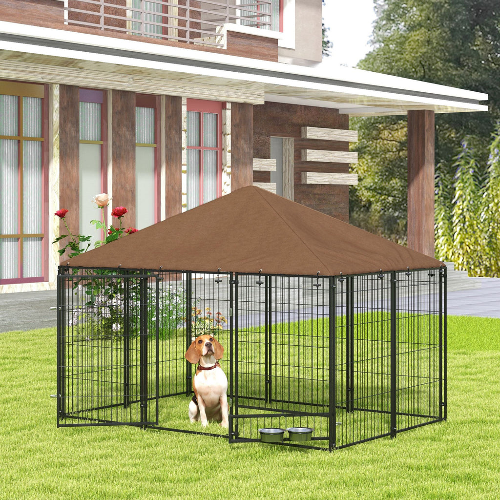 Spacious Outdoor Dog Kennel with Canopy and Rotating Bowl