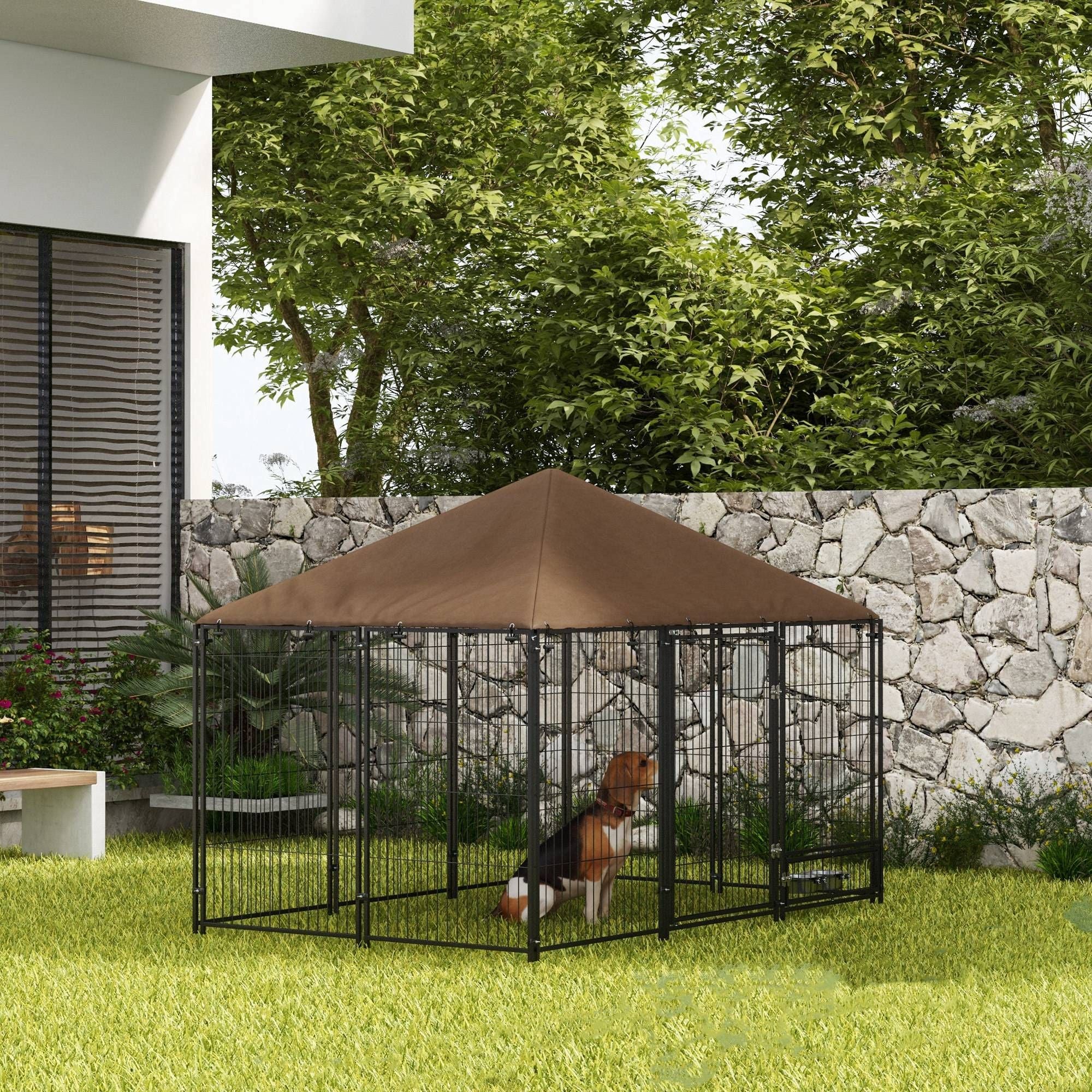 Spacious Outdoor Dog Kennel with Canopy and Rotating Bowl