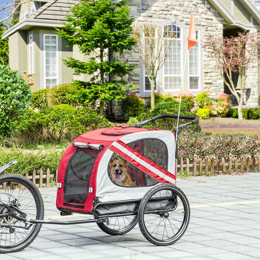 Pet Bike Trailer and Stroller 2-in-1 Red with Universal Wheel Reflectors Safety Flag