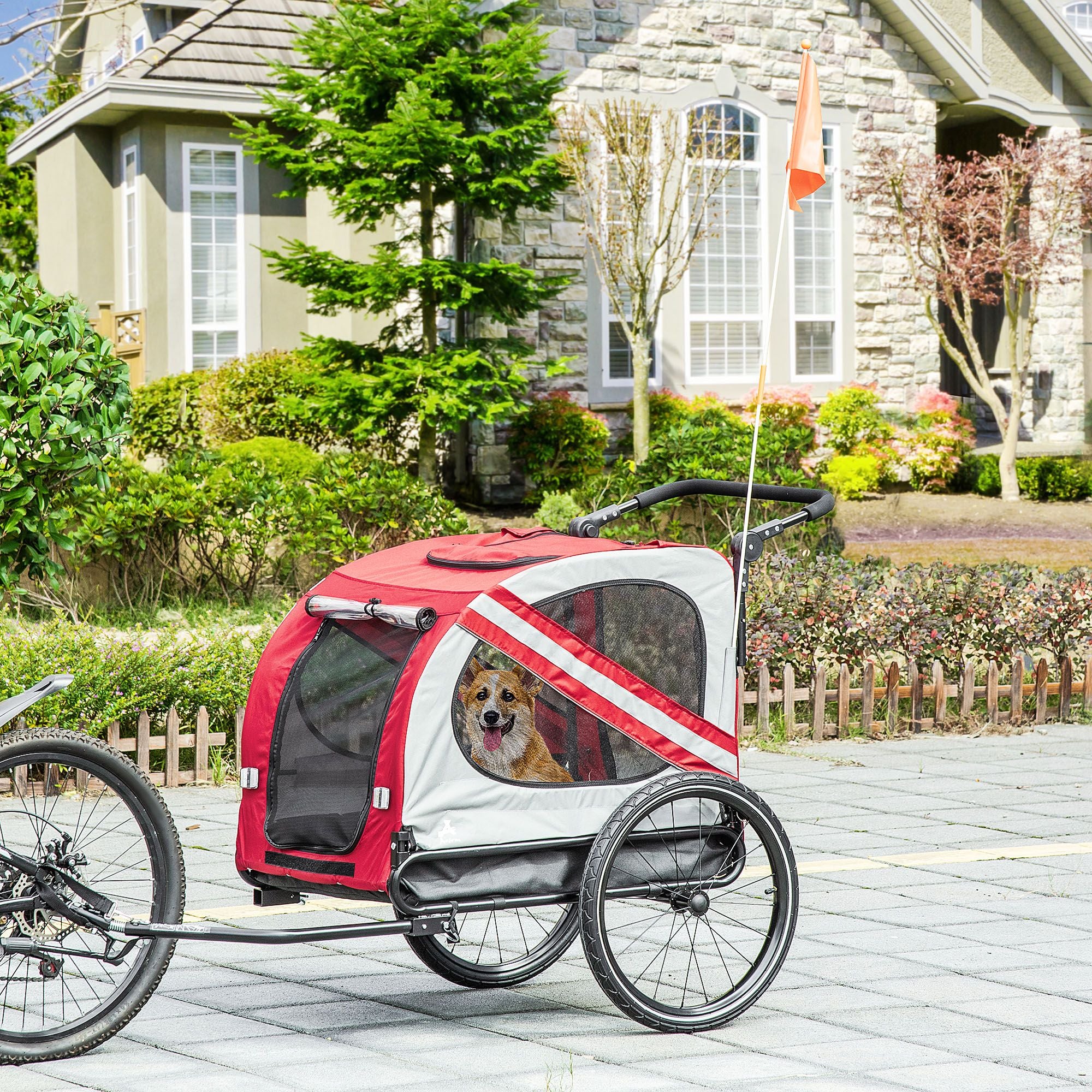Pet Bike Trailer and Stroller 2-in-1 Red with Universal Wheel Reflectors Safety Flag