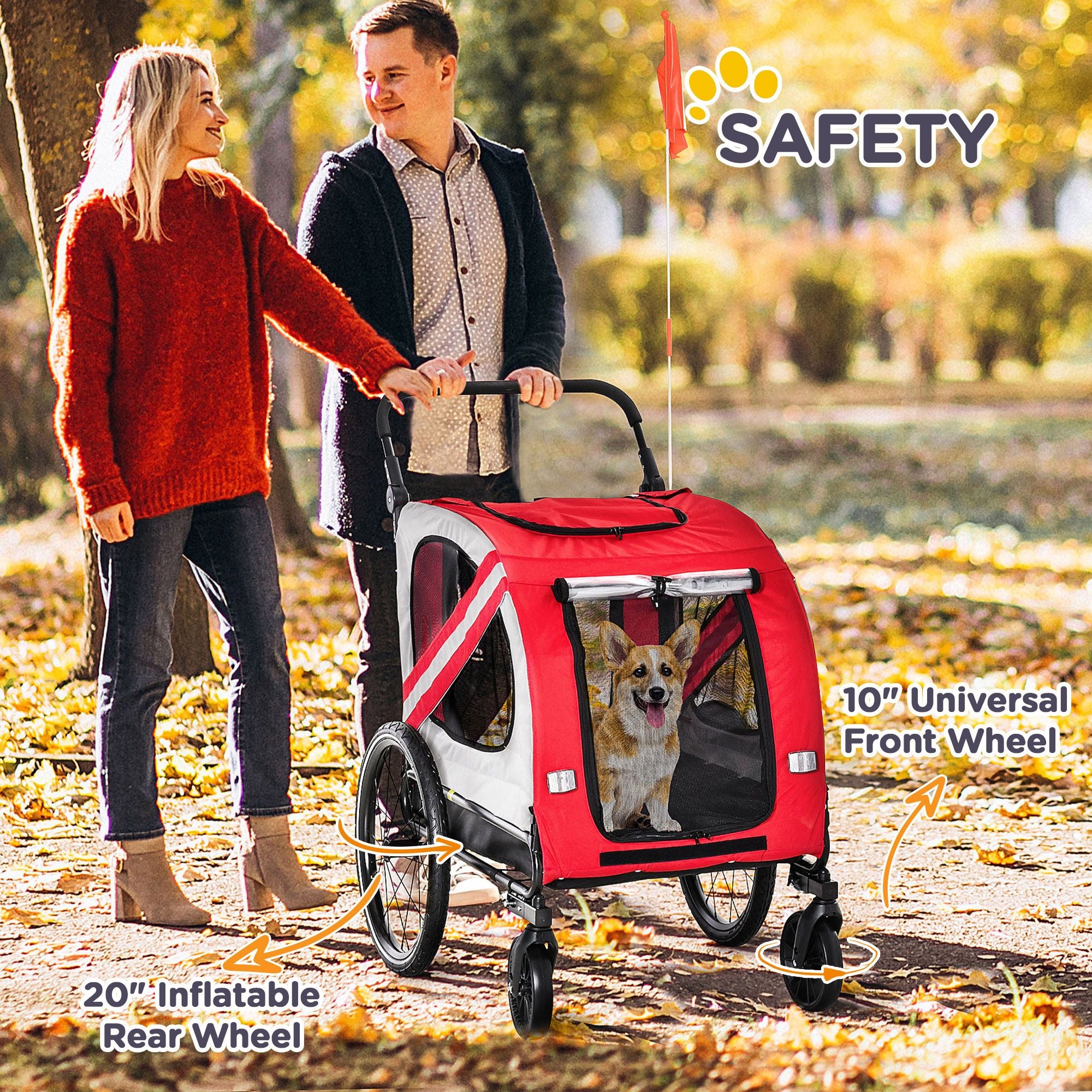 Pet Bike Trailer and Stroller 2-in-1 Red with Universal Wheel Reflectors Safety Flag