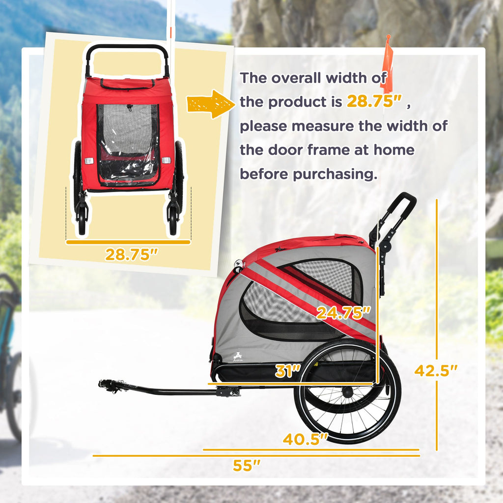 Pet Bike Trailer and Stroller 2-in-1 Red with Universal Wheel Reflectors Safety Flag