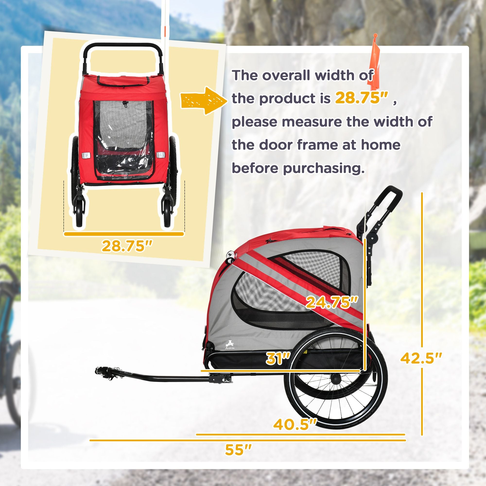 Pet Bike Trailer and Stroller 2-in-1 Red with Universal Wheel Reflectors Safety Flag