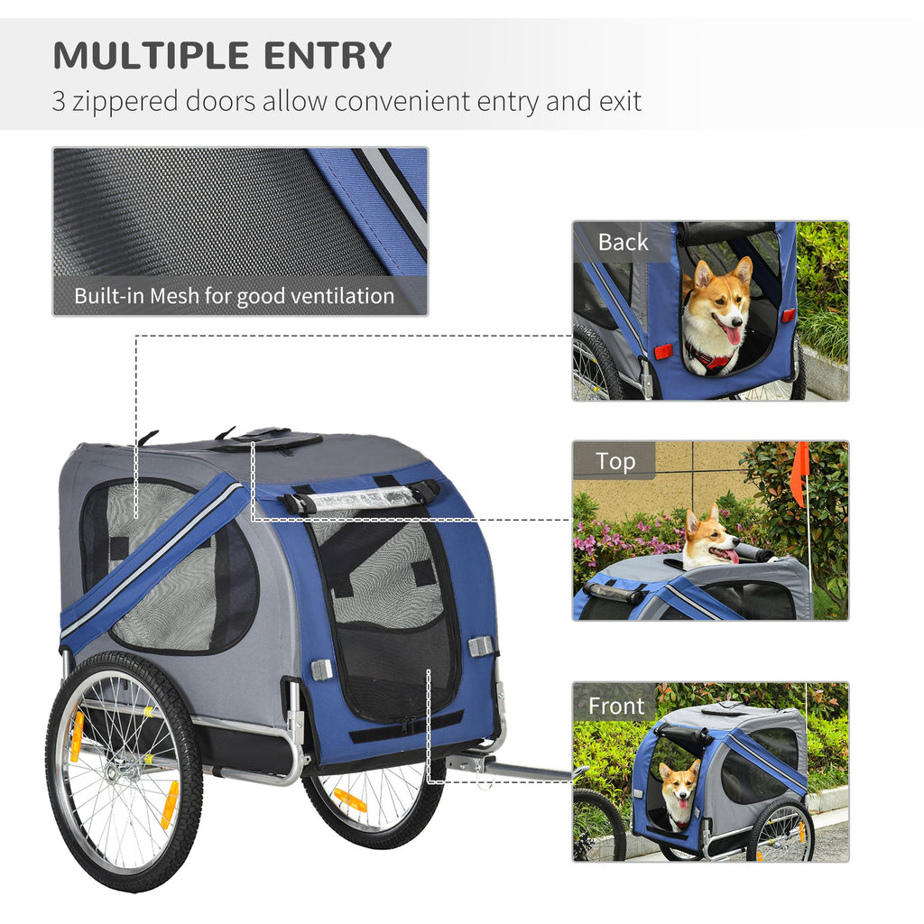 Pet Bike Trailer for Dogs Blue/Grey Cart with Off-Road Wheels 3 Entrances & Mesh Screen for Safe Travel