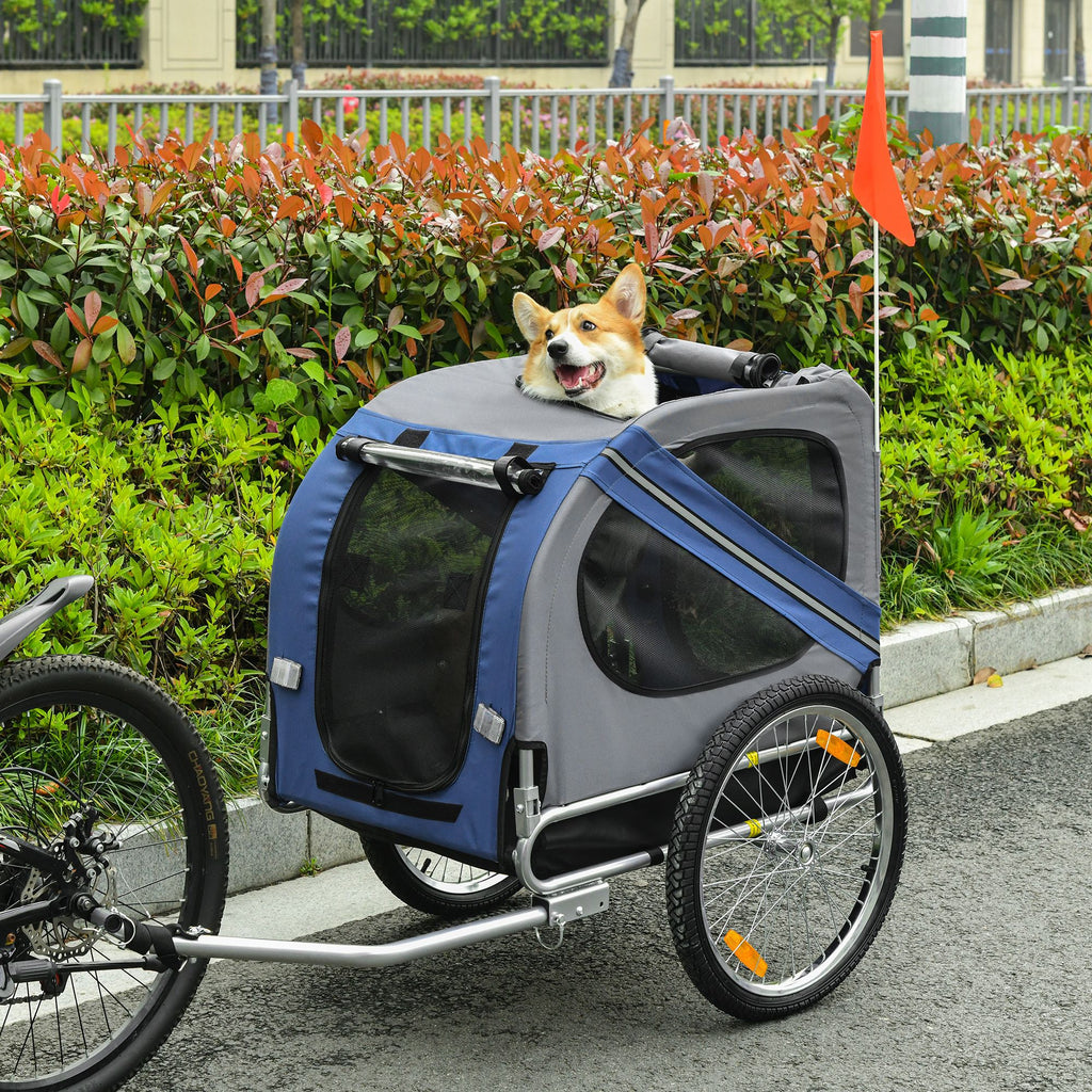 Pet Bike Trailer for Dogs Blue/Grey Cart with Off-Road Wheels 3 Entrances & Mesh Screen for Safe Travel