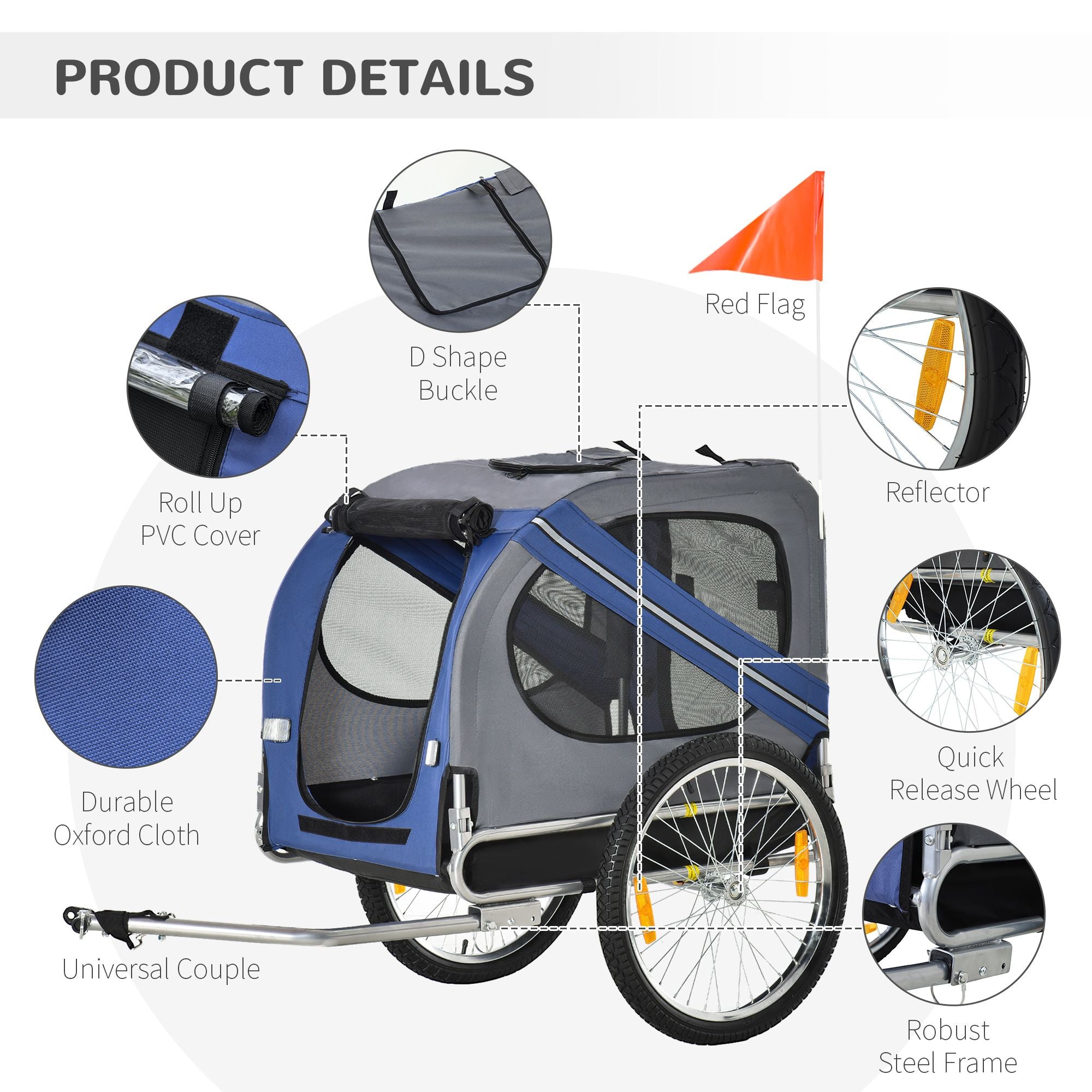 Pet Bike Trailer for Dogs Blue/Grey Cart with Off-Road Wheels 3 Entrances & Mesh Screen for Safe Travel