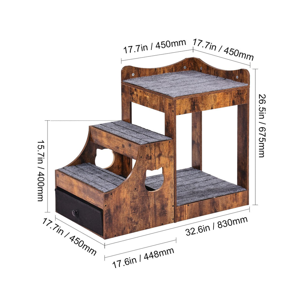 Pet Bunk Bed with Removable Stairs, Dog/Cat Window Perch with Storage, Multi-Level Bed Window Perch Dog Bedside Sleeper Couch, Small Pet Seat Platform, Indoor Use (Rustic Brown)