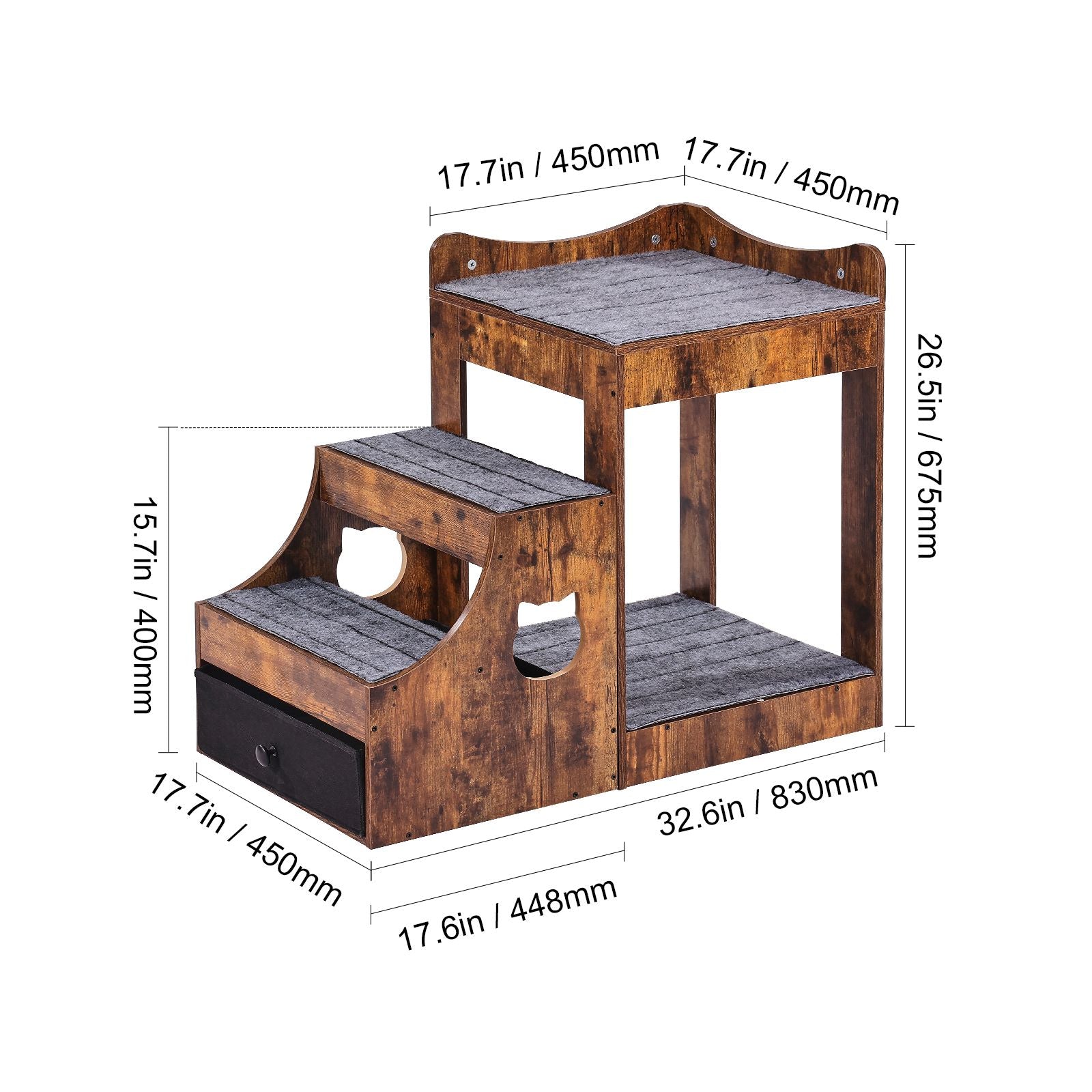 Pet Bunk Bed with Removable Stairs, Dog/Cat Window Perch with Storage, Multi-Level Bed Window Perch Dog Bedside Sleeper Couch, Small Pet Seat Platform, Indoor Use (Rustic Brown)