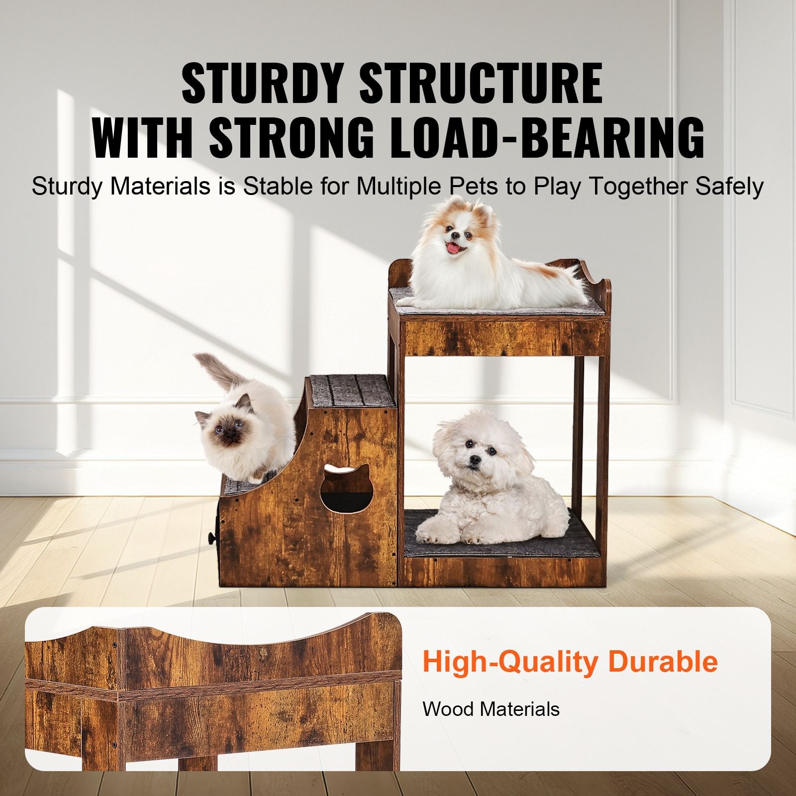 Pet Bunk Bed with Removable Stairs, Dog/Cat Window Perch with Storage, Multi-Level Bed Window Perch Dog Bedside Sleeper Couch, Small Pet Seat Platform, Indoor Use (Rustic Brown)