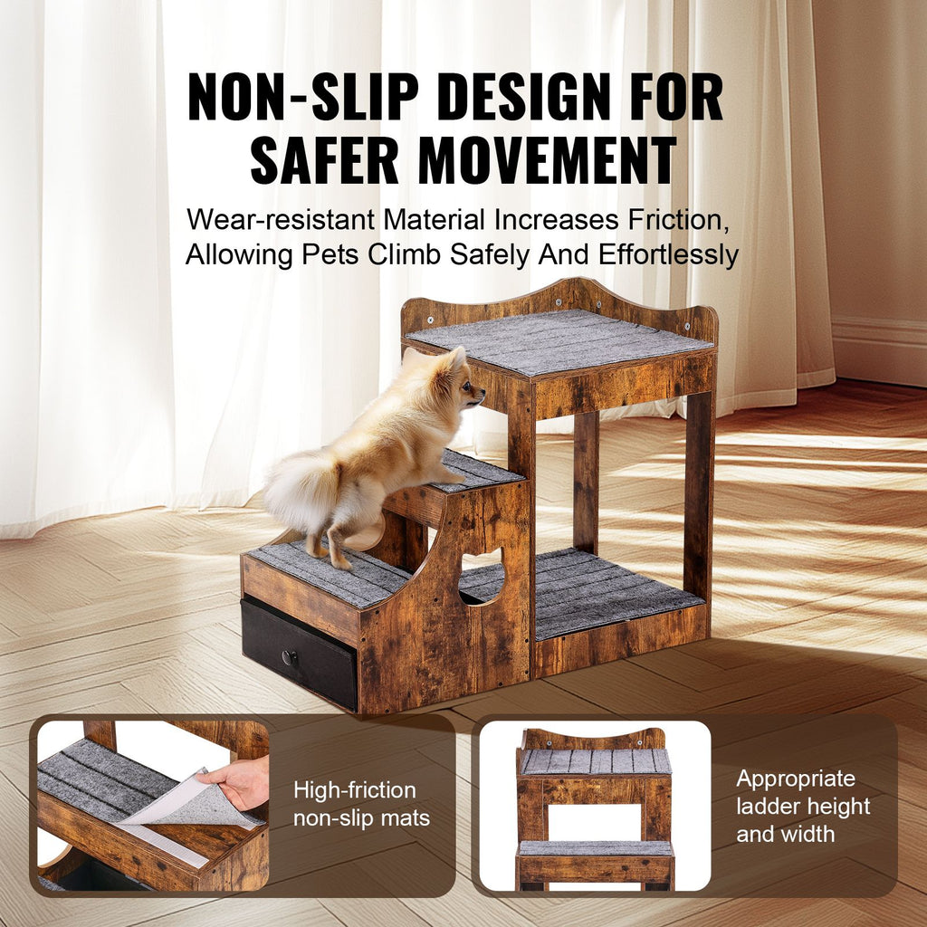 Pet Bunk Bed with Removable Stairs, Dog/Cat Window Perch with Storage, Multi-Level Bed Window Perch Dog Bedside Sleeper Couch, Small Pet Seat Platform, Indoor Use (Rustic Brown)