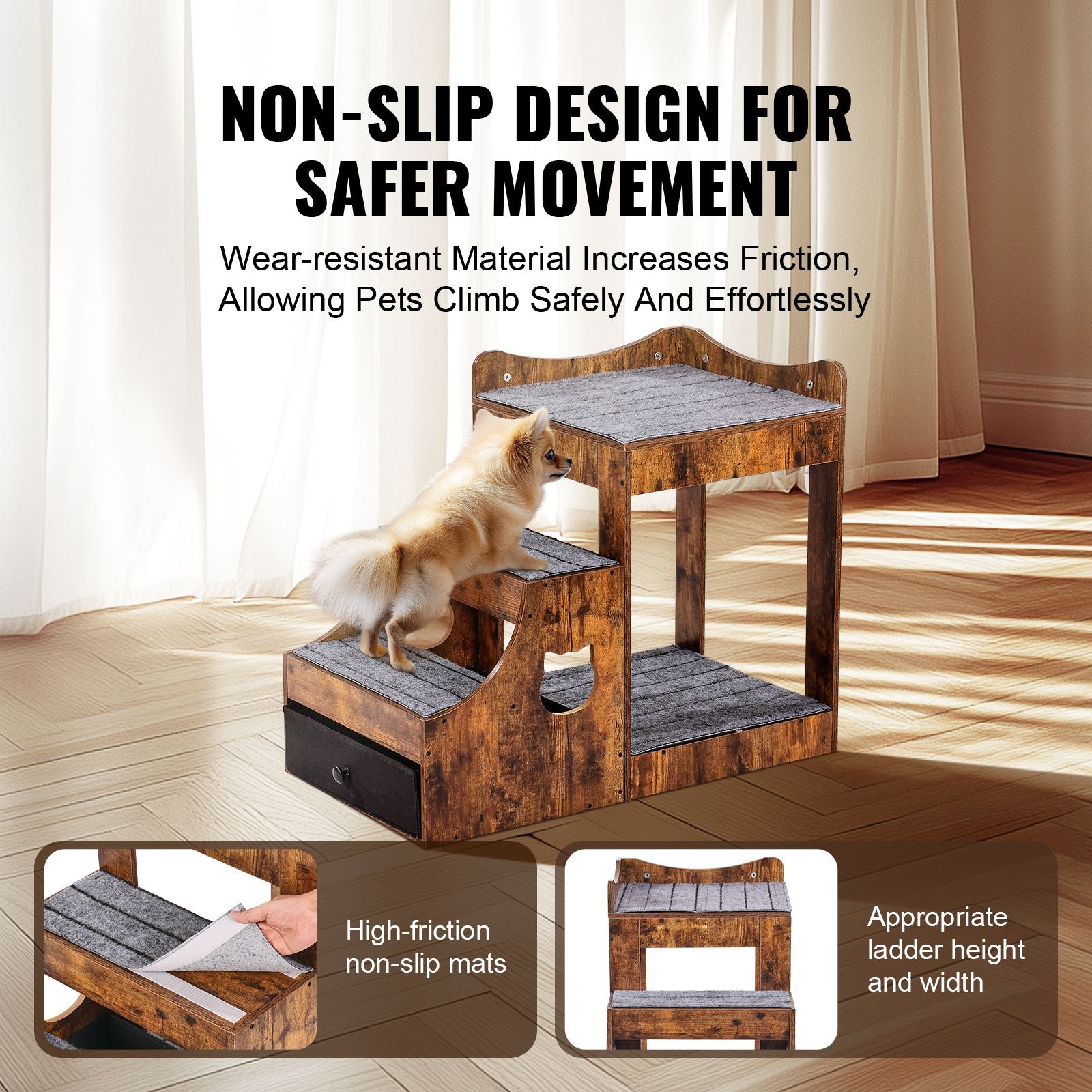 Pet Bunk Bed with Removable Stairs, Dog/Cat Window Perch with Storage, Multi-Level Bed Window Perch Dog Bedside Sleeper Couch, Small Pet Seat Platform, Indoor Use (Rustic Brown)