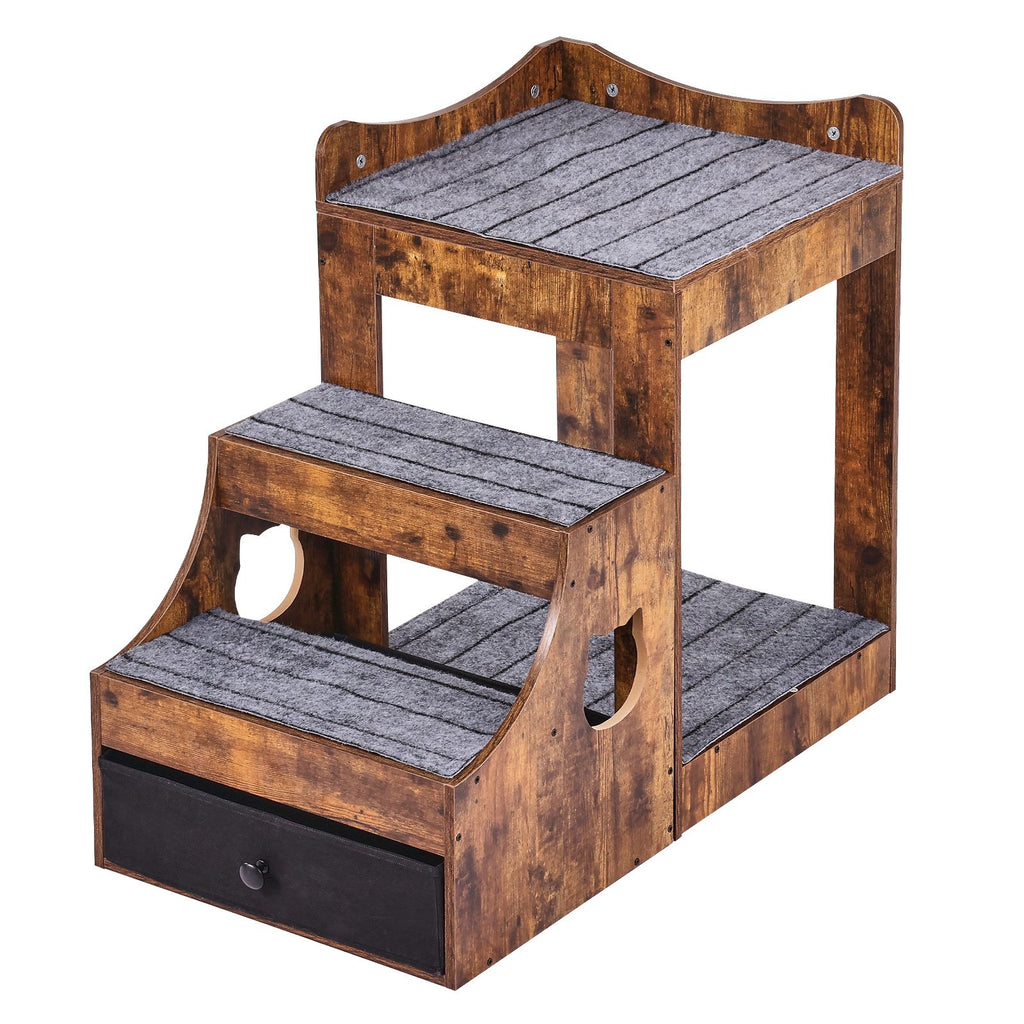 Pet Bunk Bed with Removable Stairs, Dog/Cat Window Perch with Storage, Multi-Level Bed Window Perch Dog Bedside Sleeper Couch, Small Pet Seat Platform, Indoor Use (Rustic Brown)