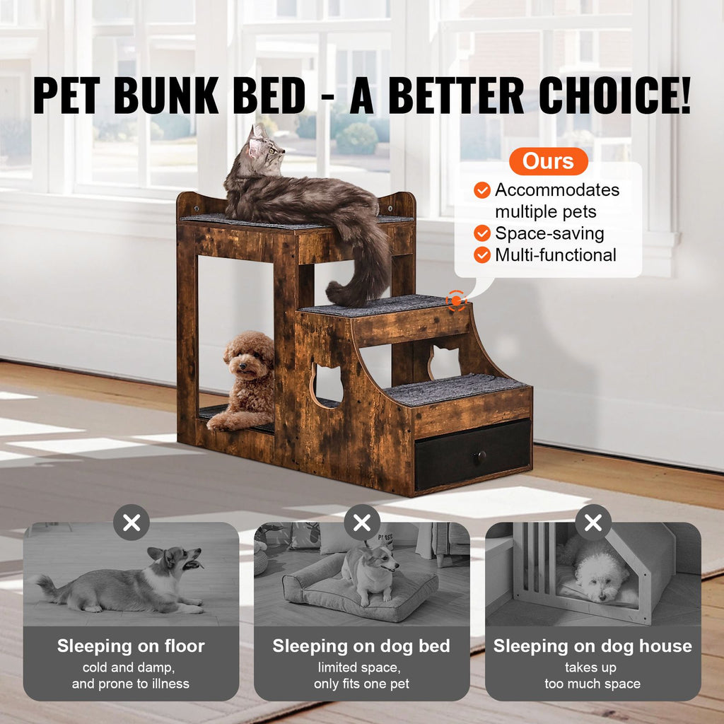Pet Bunk Bed with Removable Stairs, Dog/Cat Window Perch with Storage, Multi-Level Bed Window Perch Dog Bedside Sleeper Couch, Small Pet Seat Platform, Indoor Use (Rustic Brown)