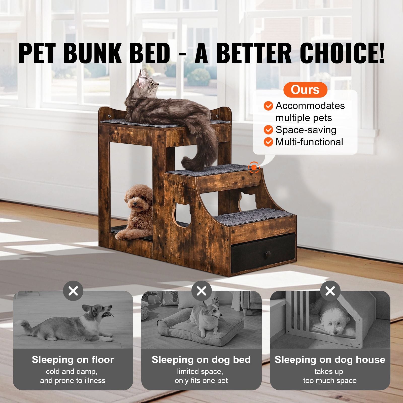 Pet Bunk Bed with Removable Stairs, Dog/Cat Window Perch with Storage, Multi-Level Bed Window Perch Dog Bedside Sleeper Couch, Small Pet Seat Platform, Indoor Use (Rustic Brown)