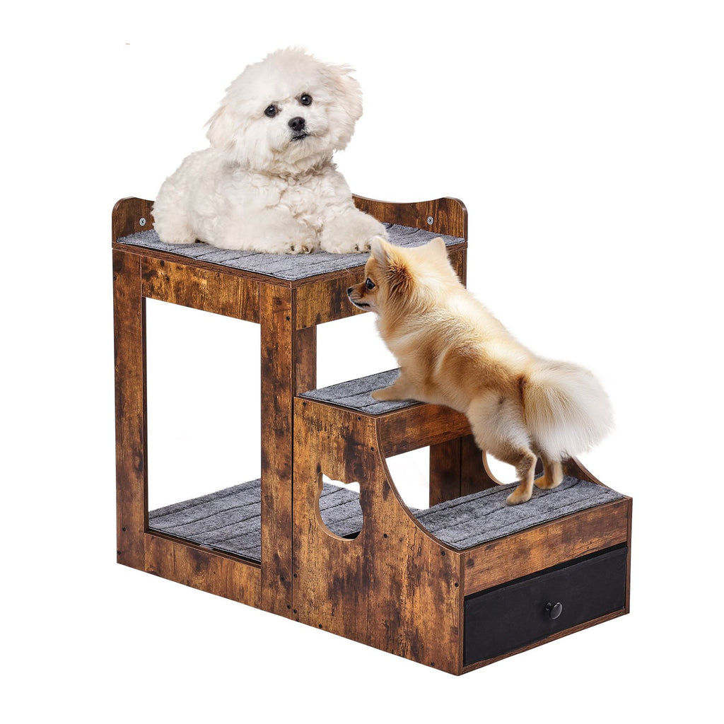 Pet Bunk Bed with Removable Stairs, Dog/Cat Window Perch with Storage, Multi-Level Bed Window Perch Dog Bedside Sleeper Couch, Small Pet Seat Platform, Indoor Use (Rustic Brown)
