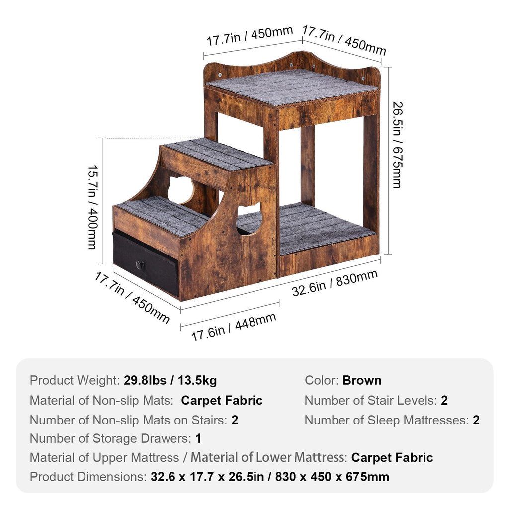 Pet Bunk Bed with Removable Stairs, Dog/Cat Window Perch with Storage, Multi-Level Bed Window Perch Dog Bedside Sleeper Couch, Small Pet Seat Platform, Indoor Use (Rustic Brown)