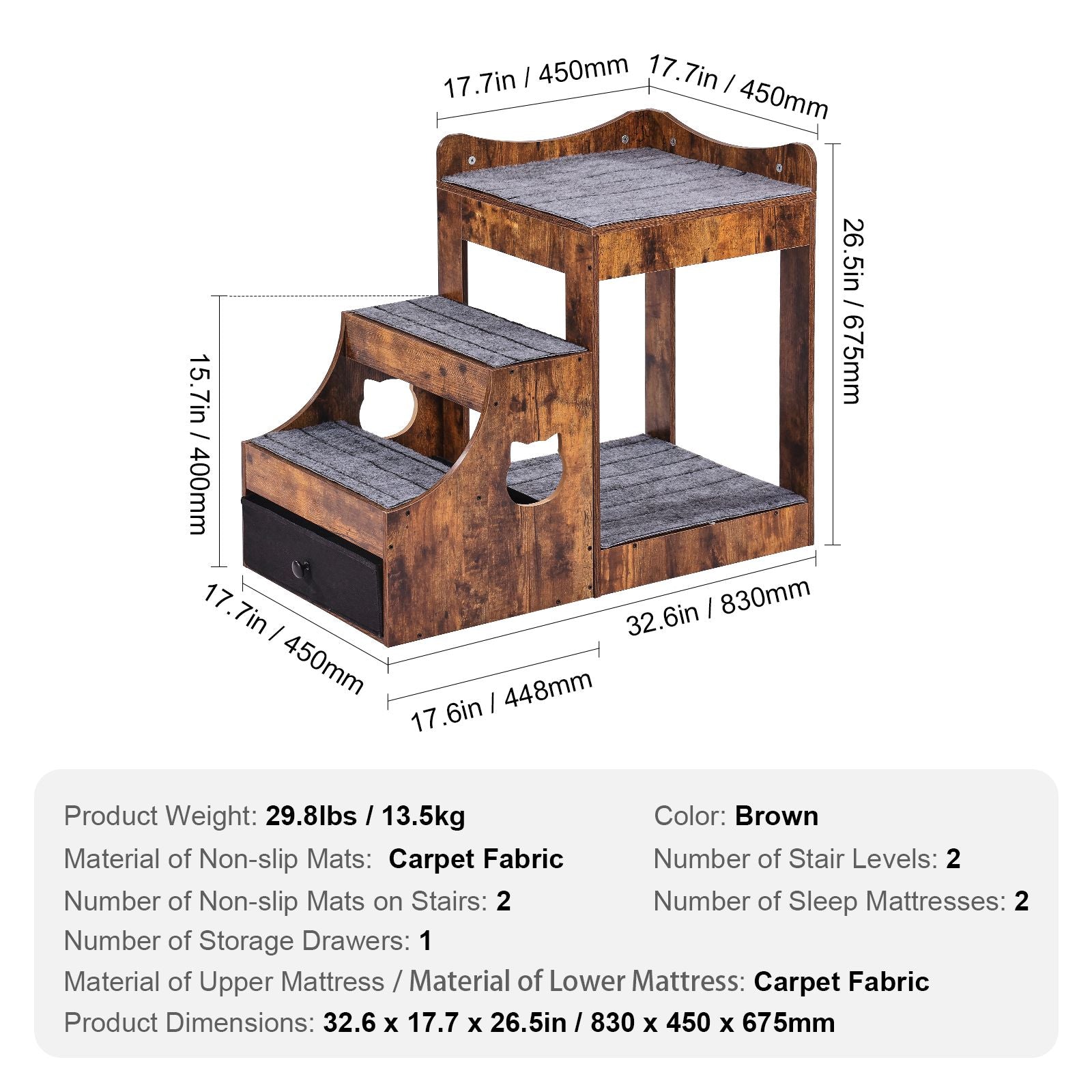 Pet Bunk Bed with Removable Stairs, Dog/Cat Window Perch with Storage, Multi-Level Bed Window Perch Dog Bedside Sleeper Couch, Small Pet Seat Platform, Indoor Use (Rustic Brown)