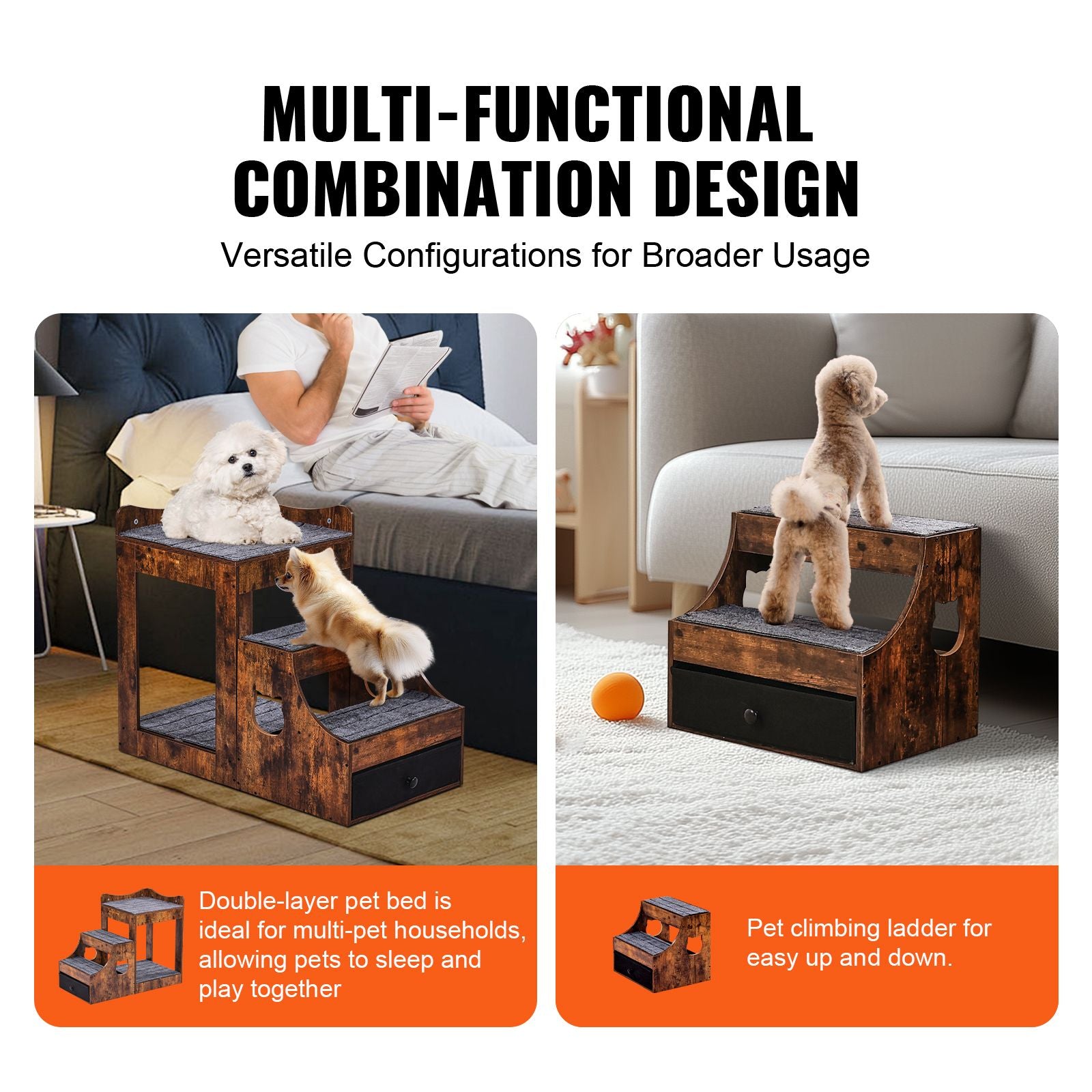 Pet Bunk Bed with Removable Stairs, Dog/Cat Window Perch with Storage, Multi-Level Bed Window Perch Dog Bedside Sleeper Couch, Small Pet Seat Platform, Indoor Use (Rustic Brown)