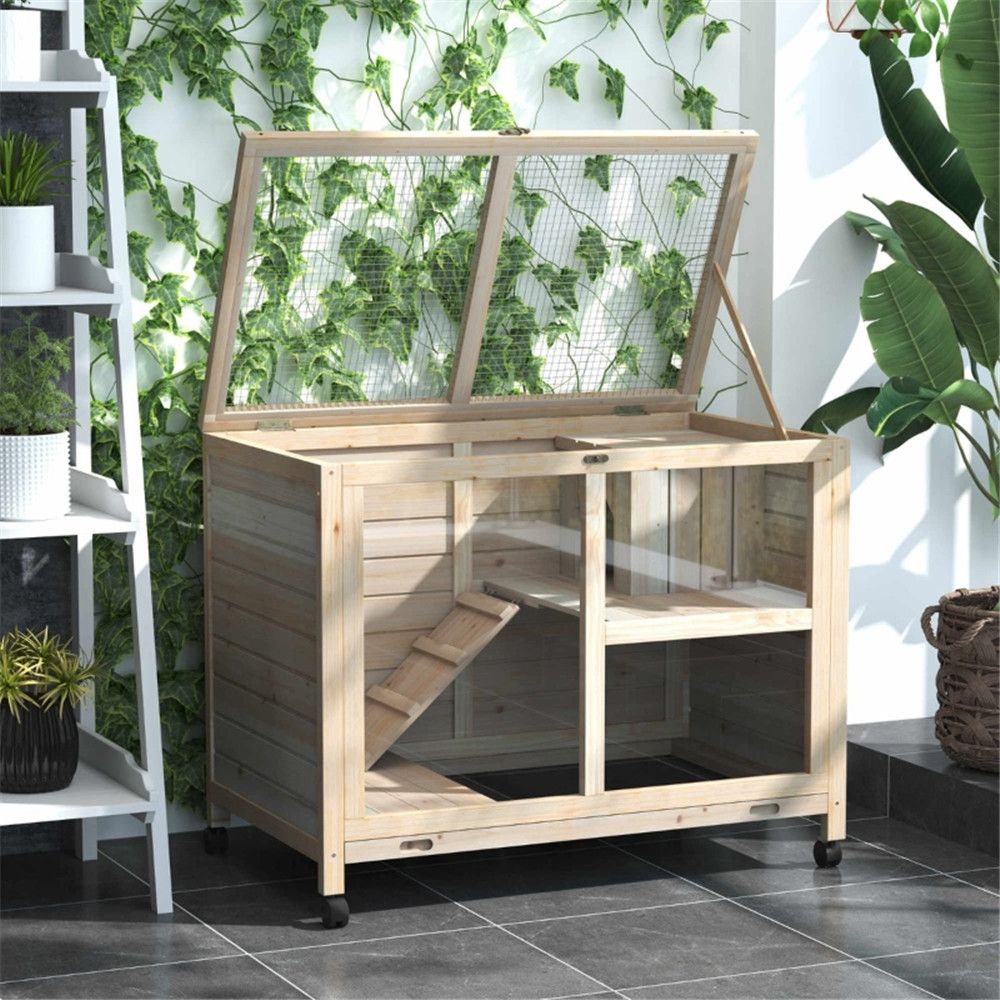 Natural furniture-style Rabbit Hutch with Wheels and Plexiglass Front