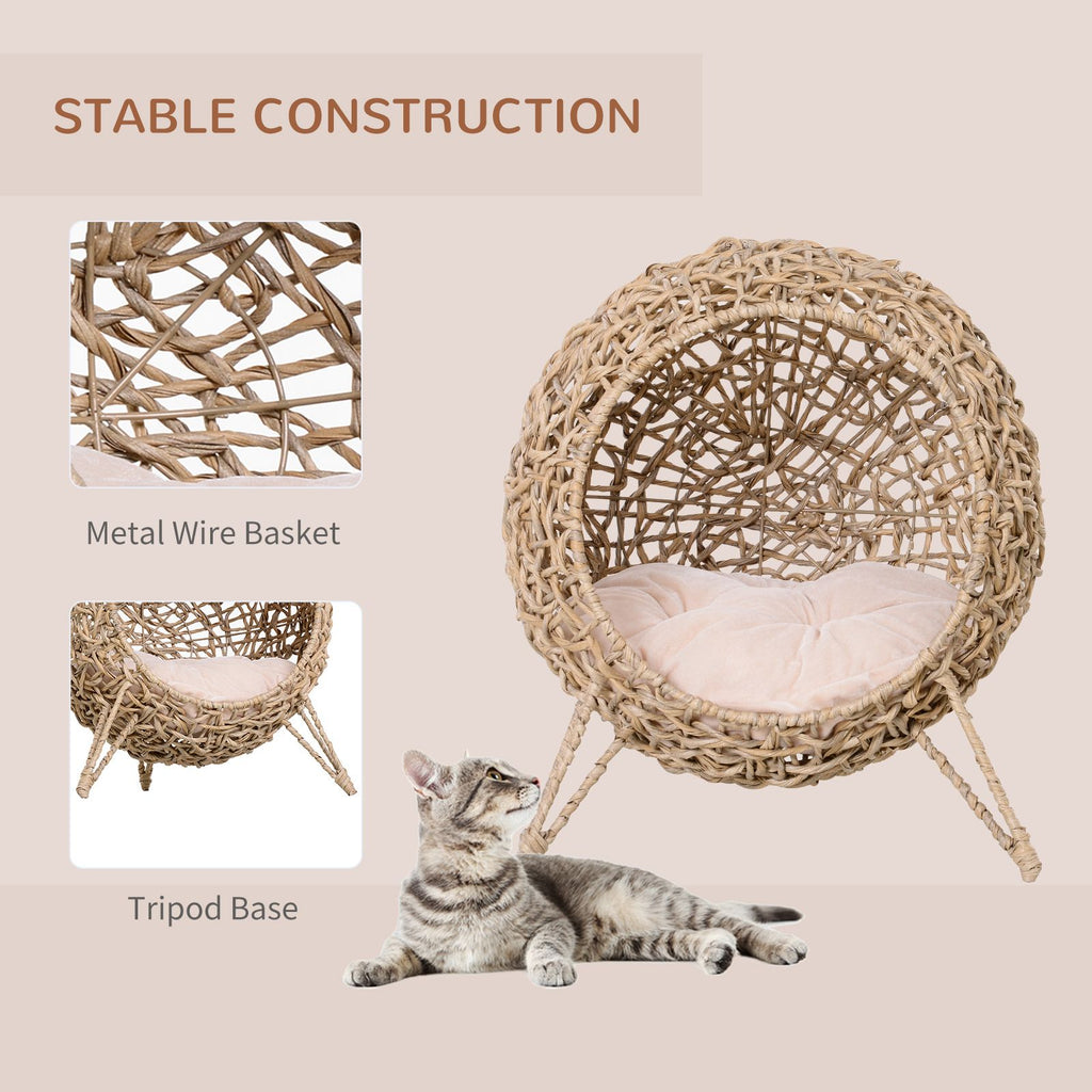Rattan Wicker Elevated Cat Condo with Soft Cushion for Small Cats