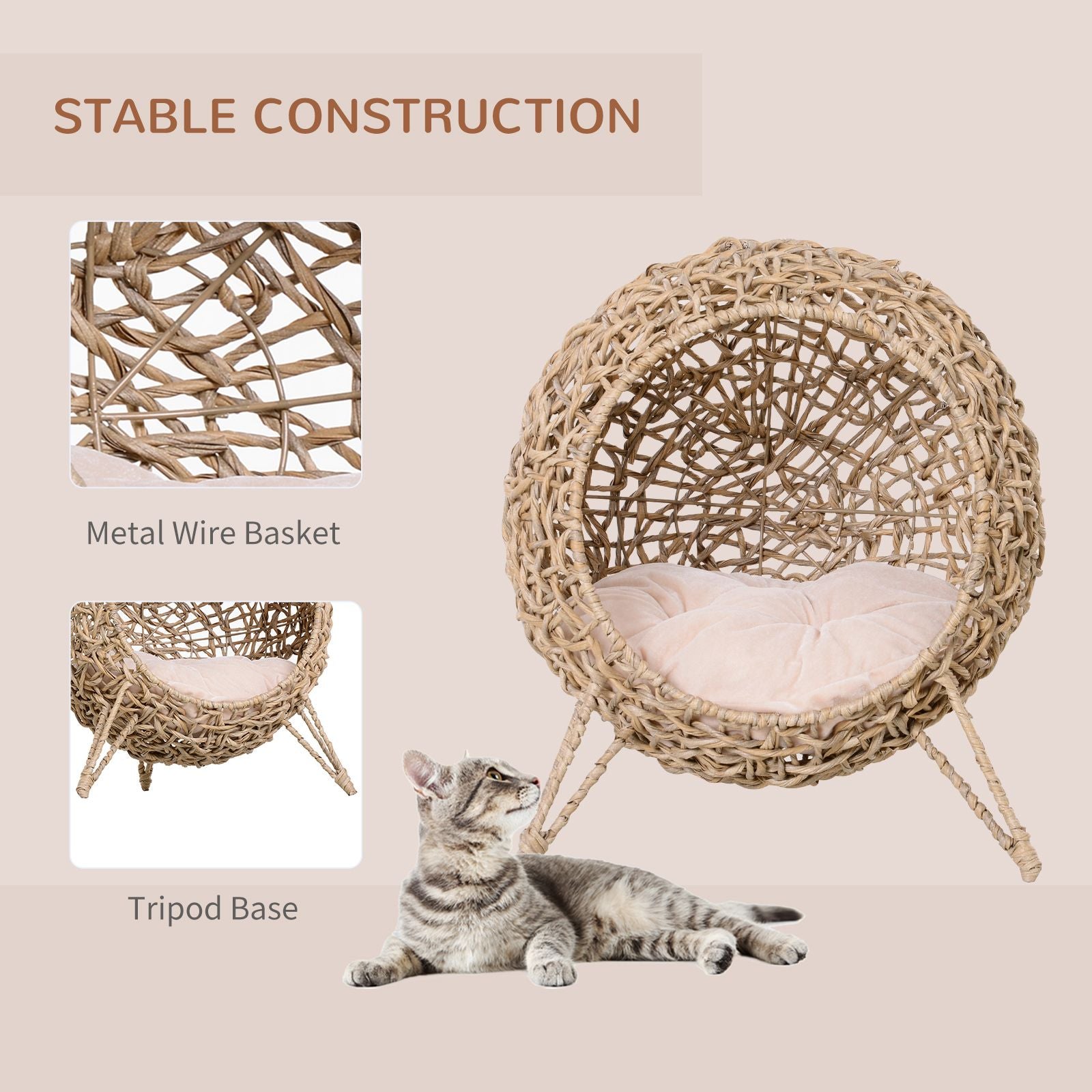 Rattan Wicker Elevated Cat Condo with Soft Cushion for Small Cats