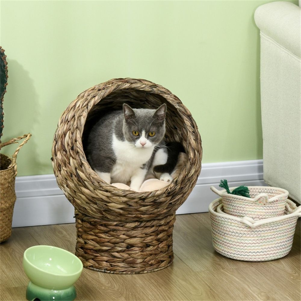 Elevated Cat House with Rotating Basket and Plush Bed