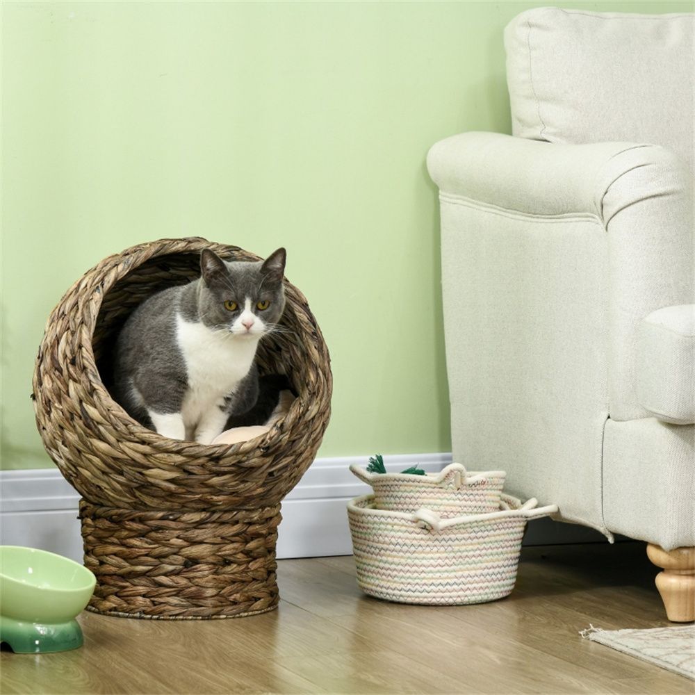 Elevated Cat House with Rotating Basket and Plush Bed