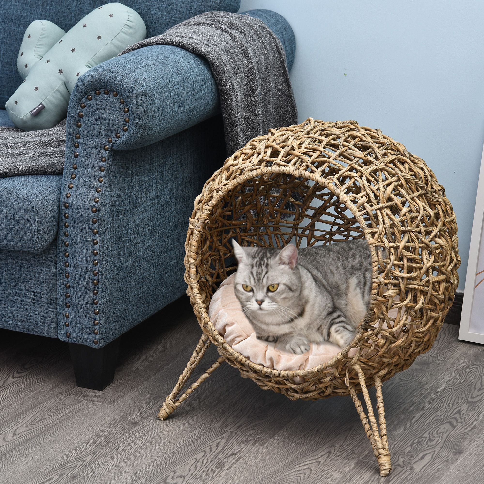 Rattan Wicker Elevated Cat Condo with Soft Cushion for Small Cats