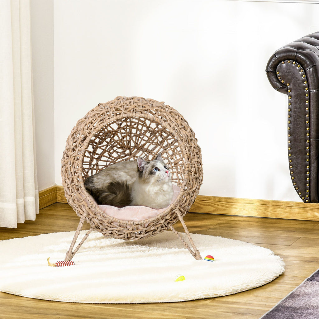 Rattan Wicker Elevated Cat Condo with Soft Cushion for Small Cats