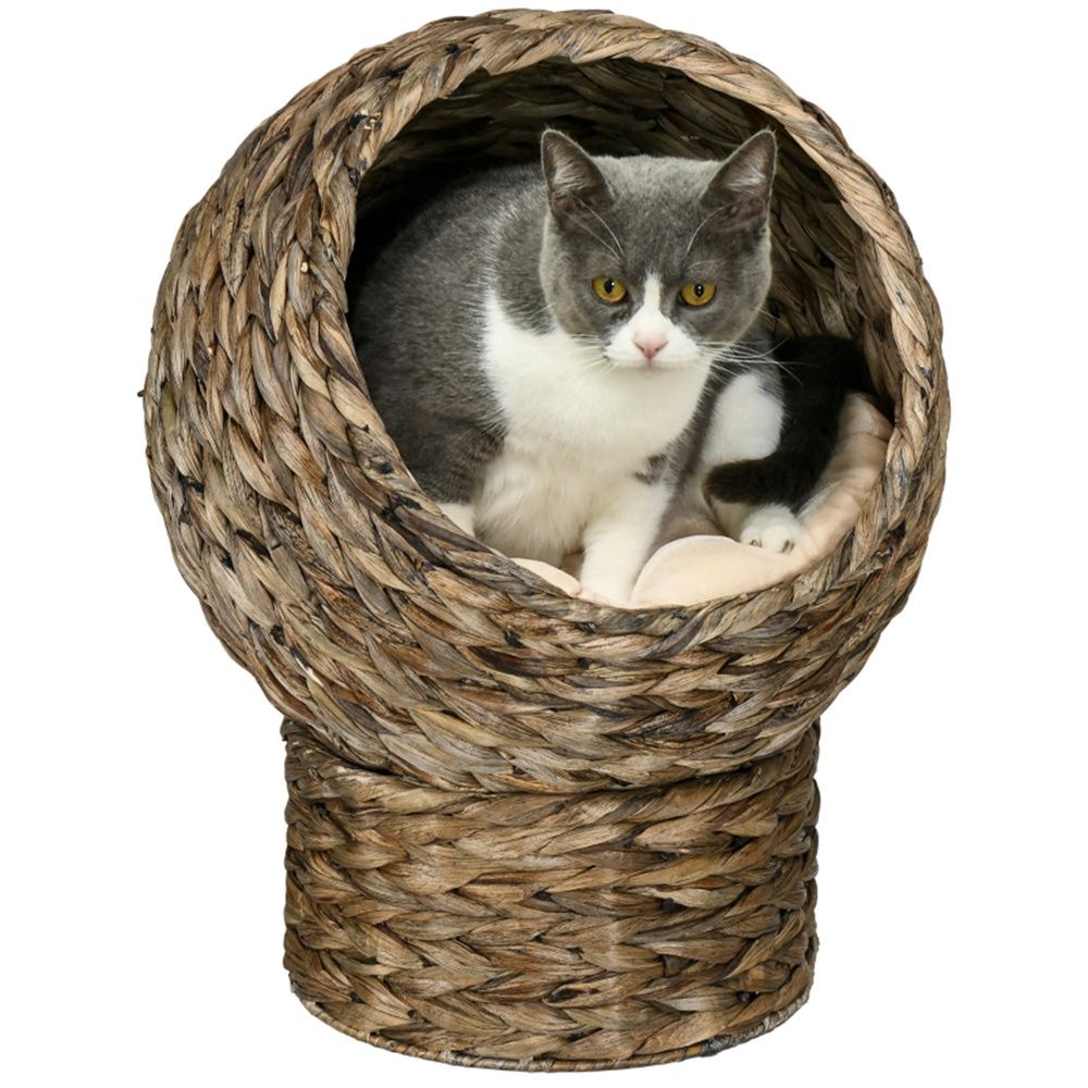 Elevated Cat House with Rotating Basket and Plush Bed