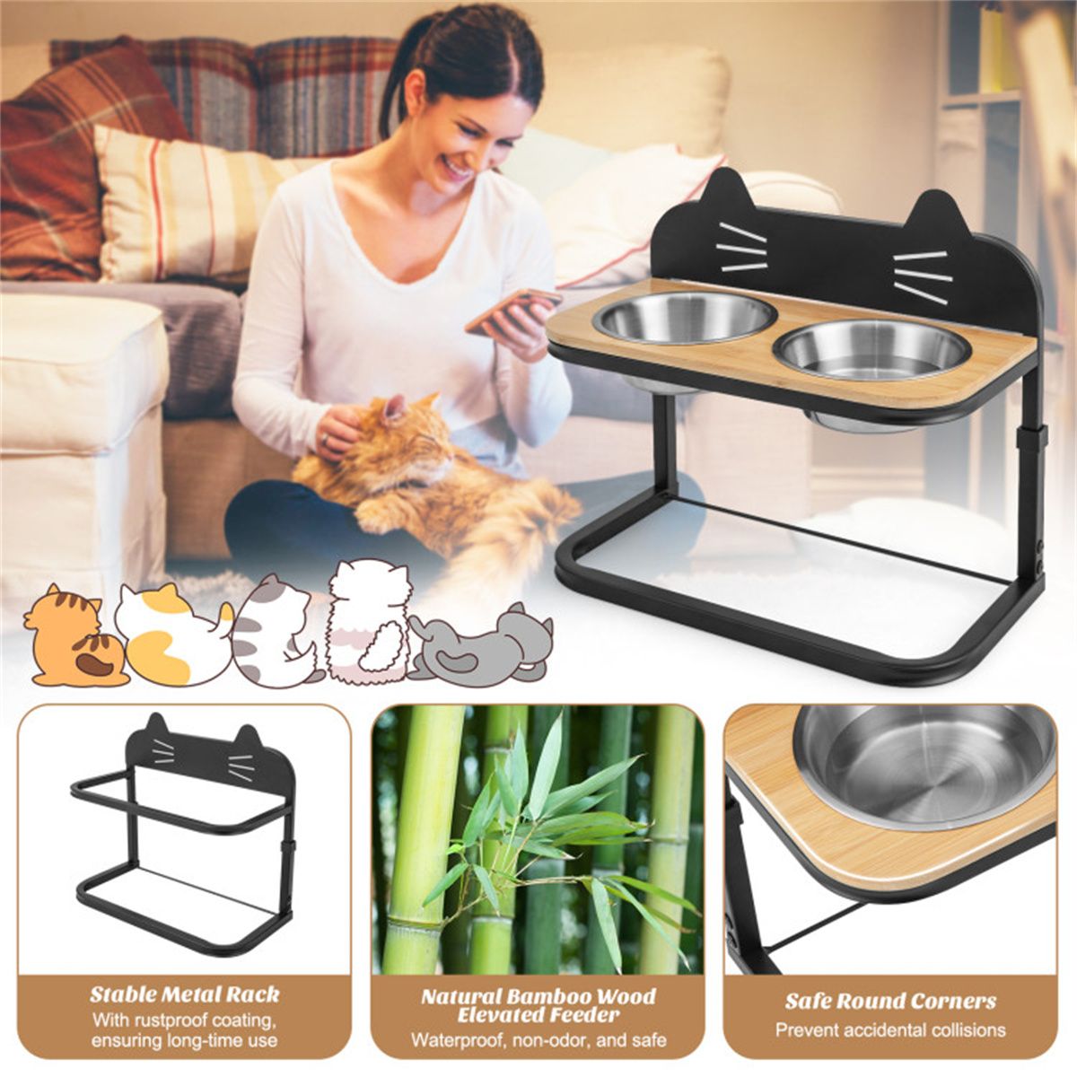 Adjustable Elevated Pet Feeder with Stainless Steel Bowls – Neck & Joint Support for Cats & Dogs