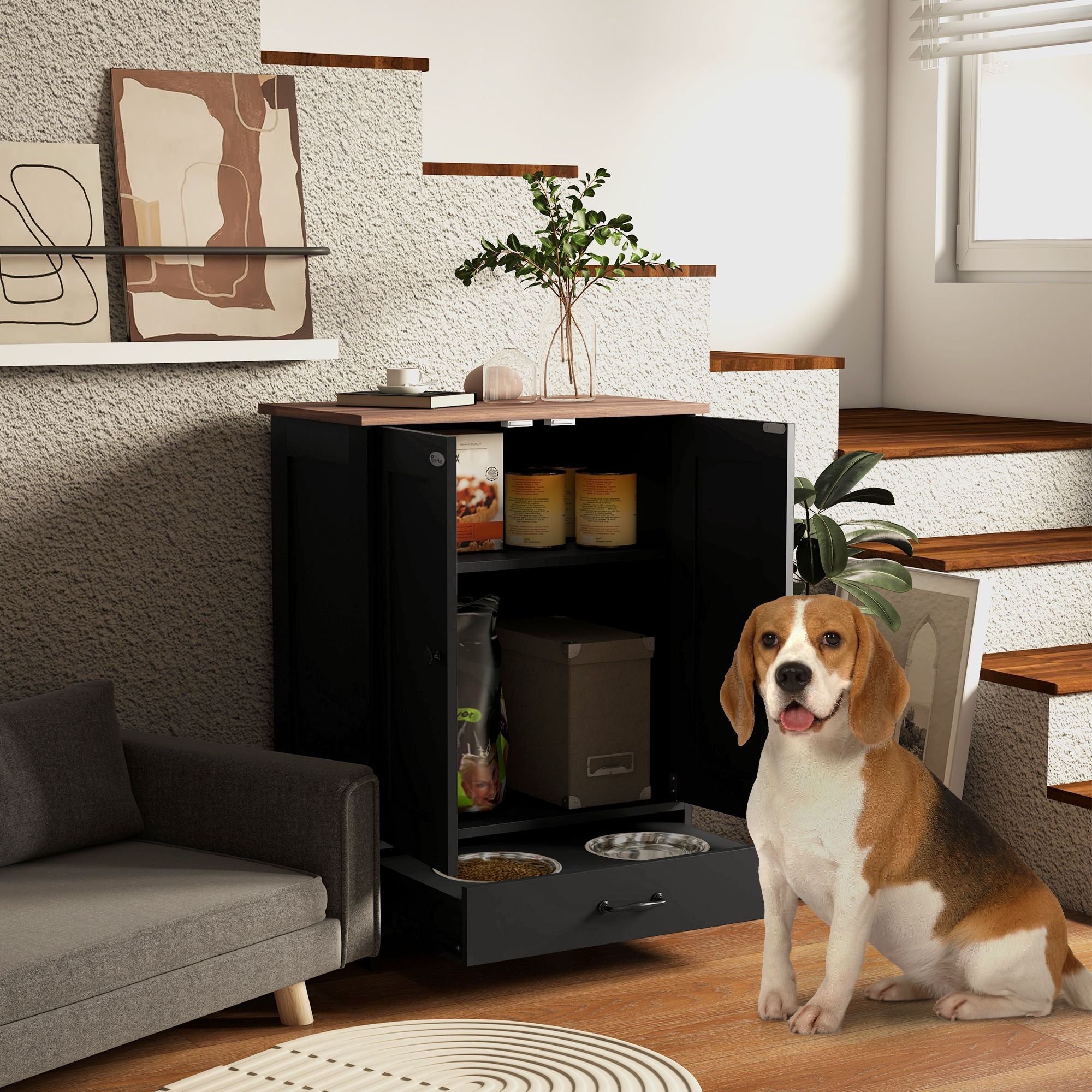 Sleek Dog Feeding Station with Hidden Bowls & Storage Cabinet – Medium Dogs