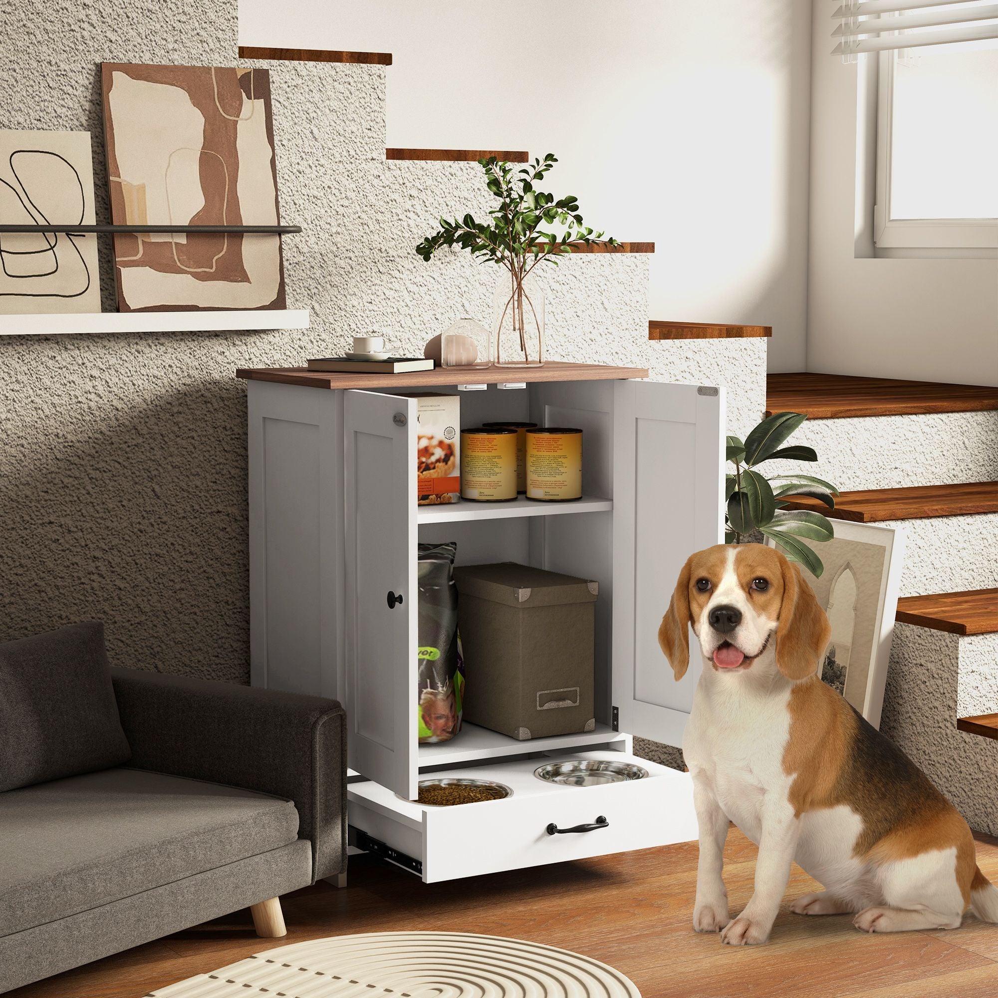 Sleek Dog Feeding Station with Hidden Bowls & Storage – White