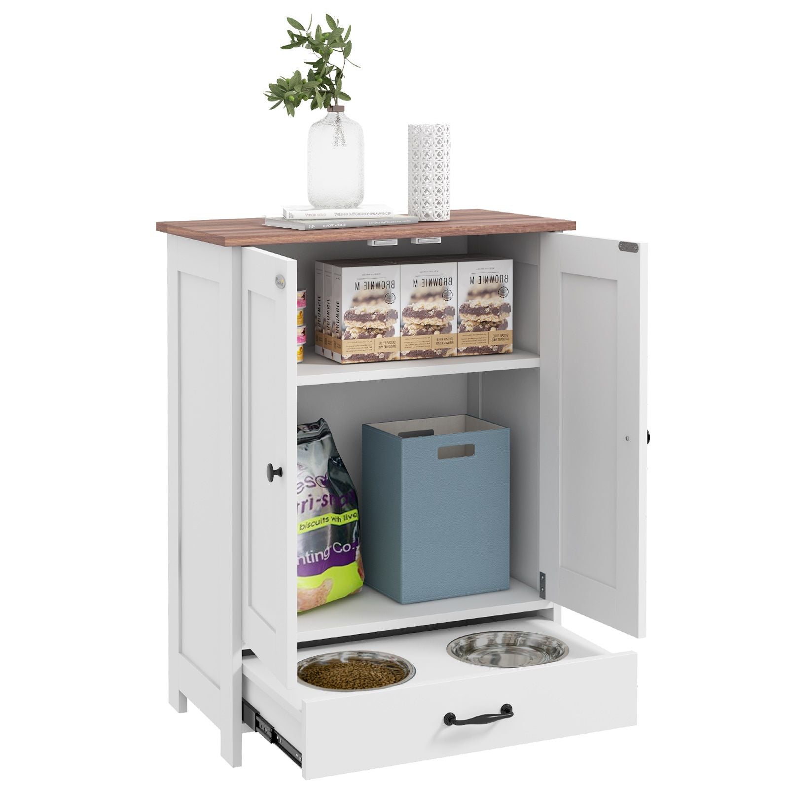 Sleek Dog Feeding Station with Hidden Bowls & Storage – White